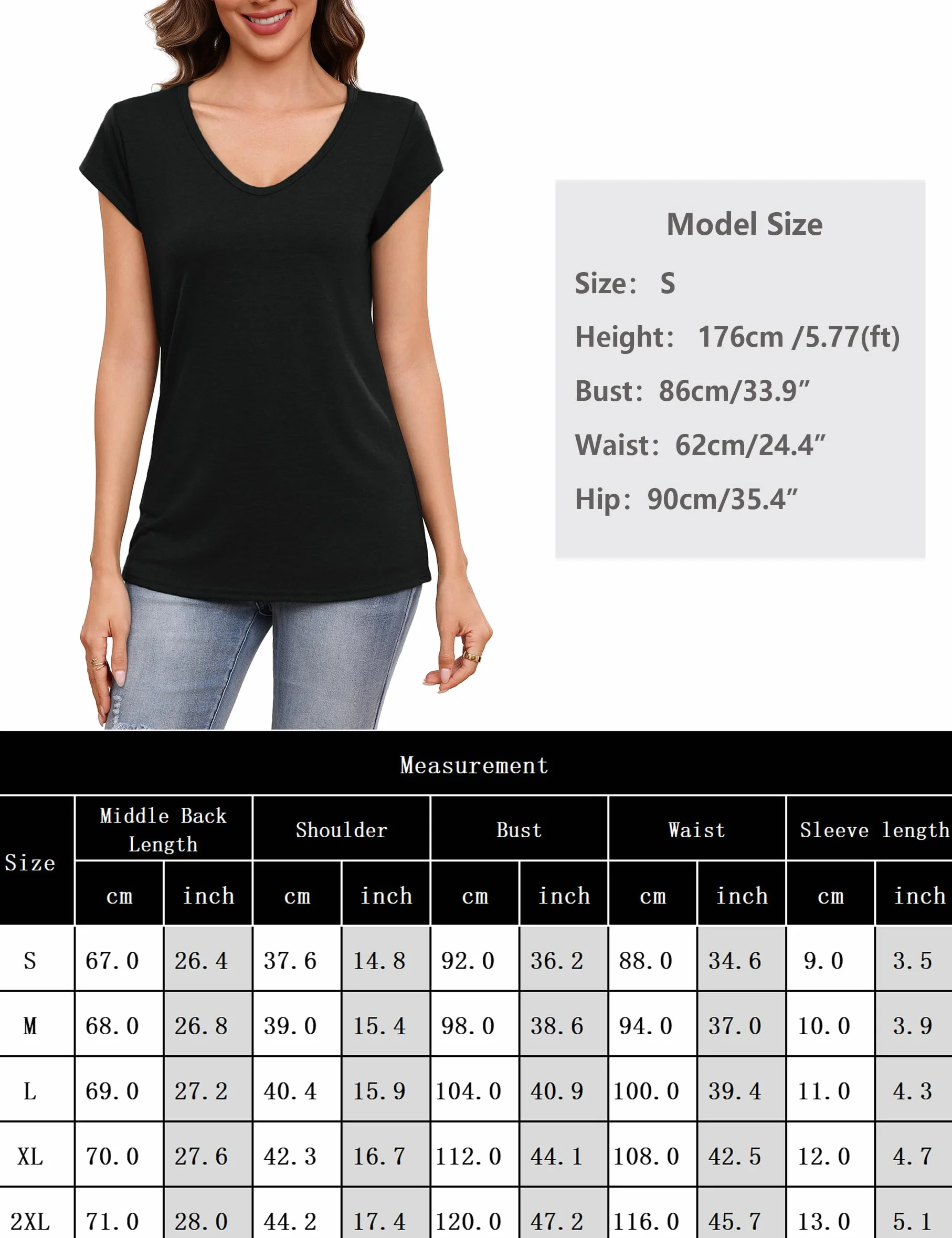 Camisetas Verano Mujer Básicas con Cuello en V Manga Corta Holgadas Ligeras de Color Liso S-XXL