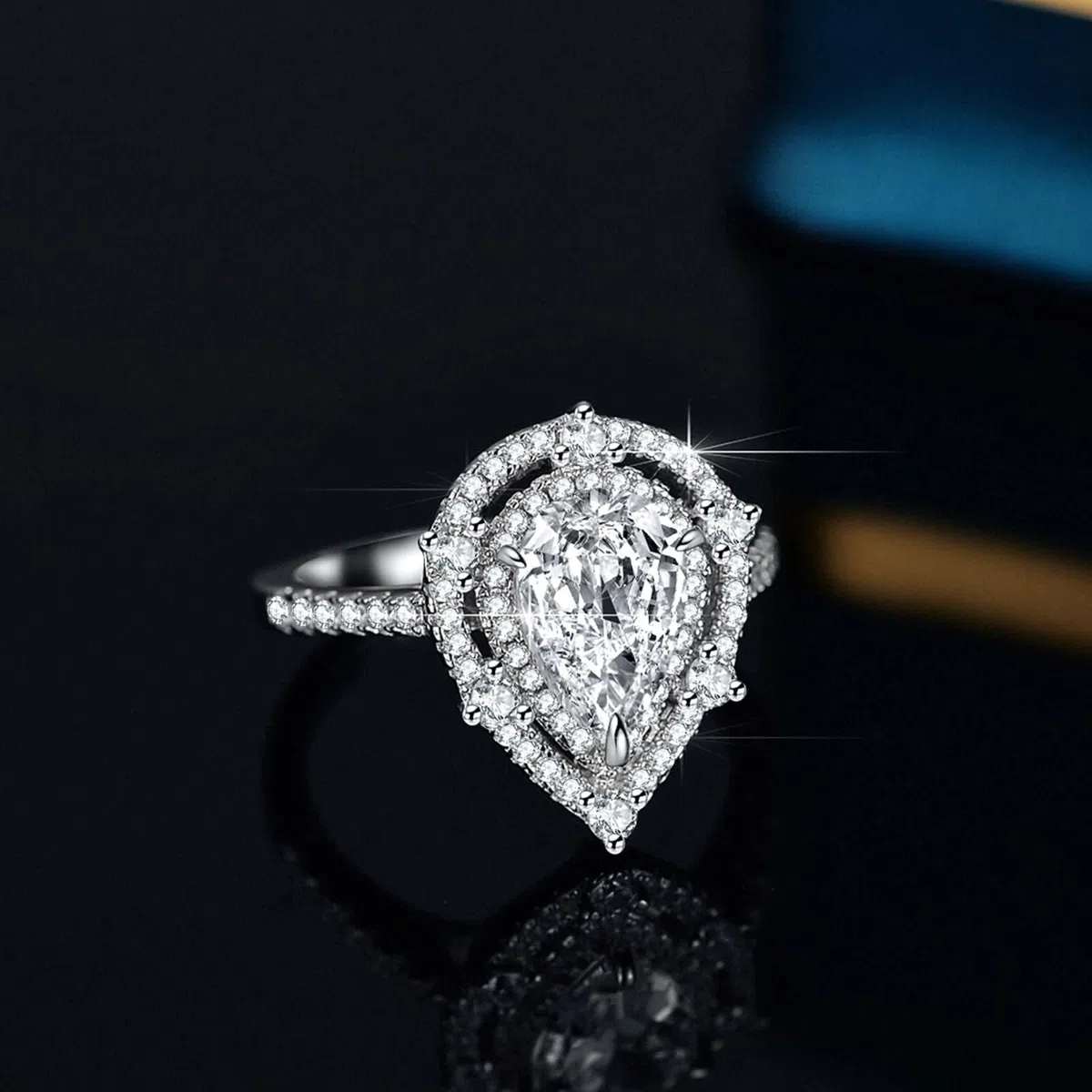 Anillos de boda para mujer, anillos de compromiso, oro auténtico con moissanite de 2 quilates, oro blanco, forma de gota, anillo Halo para mujer