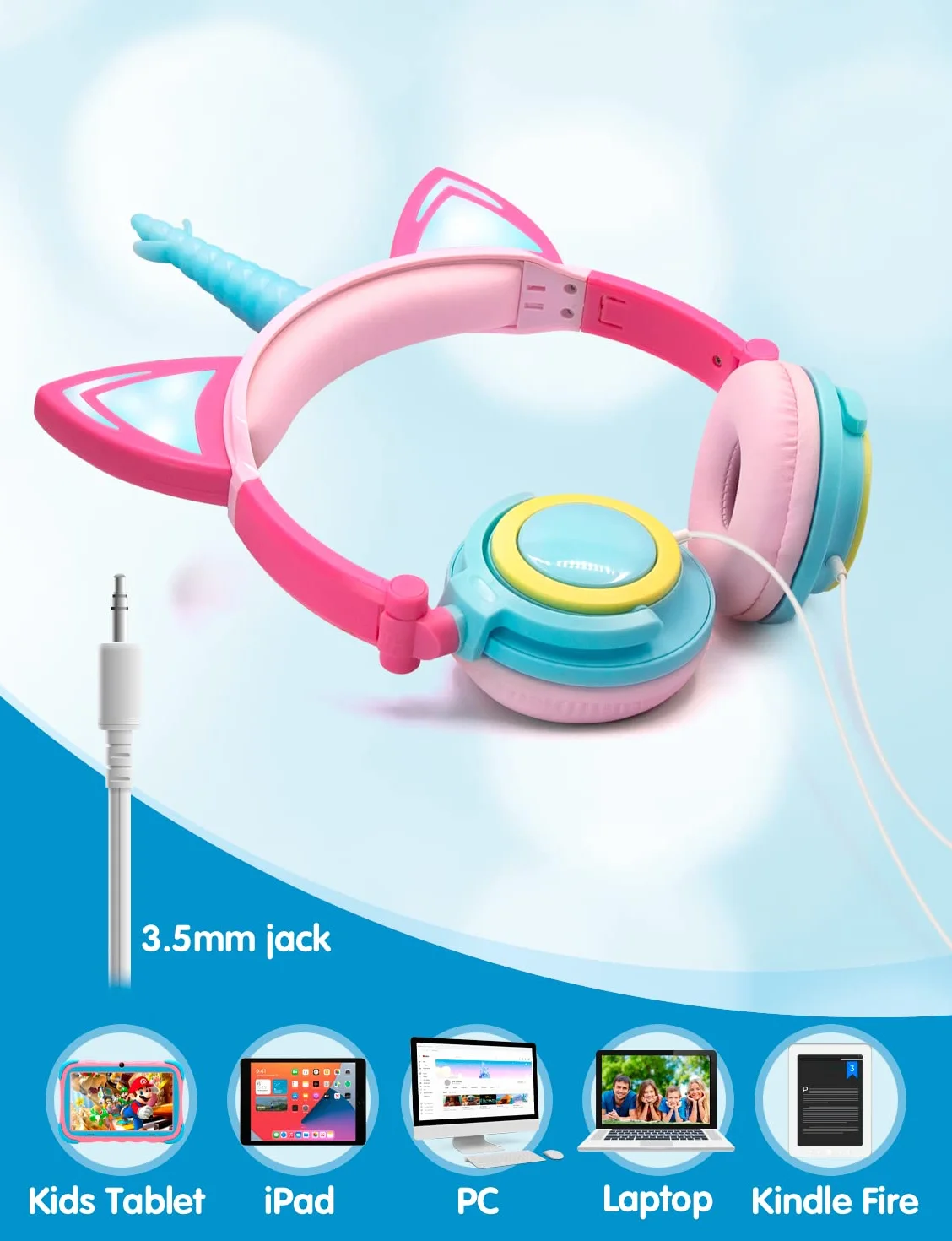 ONTA Auriculares para Niños con Orejas de Gato Iluminados con LED Plegables sobre Oído, Auriculares Resplandor Unicornio para Niños para la Escuela, la Casa, Cable Sin Enredos (Polvo Azul)