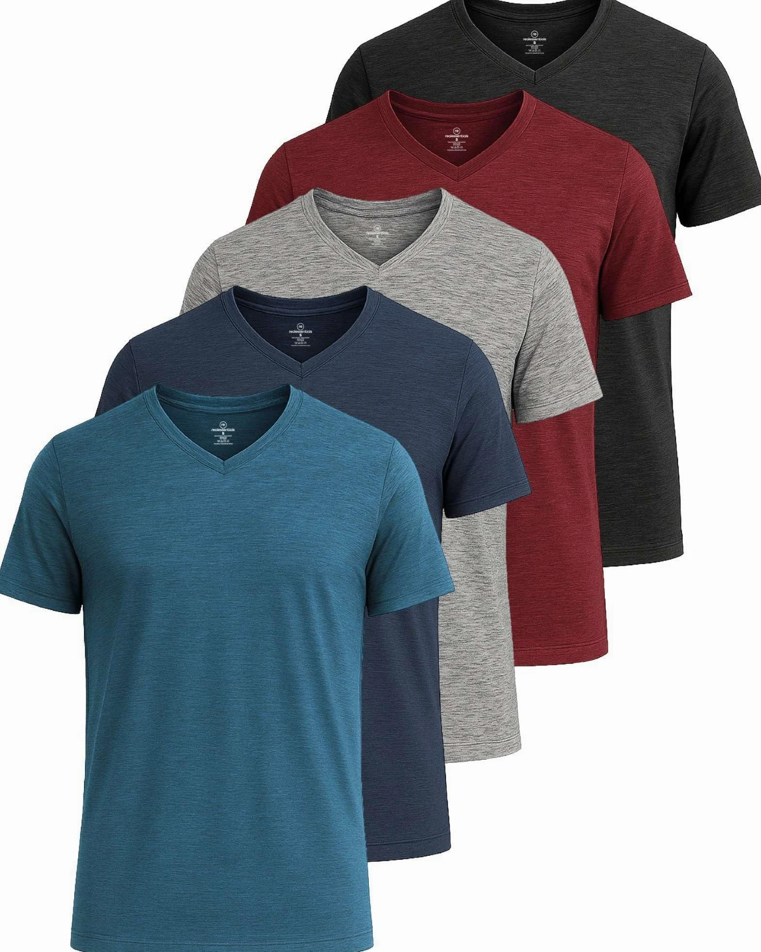 Real Essentials Paquete de 5: camiseta deportiva deportiva para hombre, con cuello en V, ajuste seco, absorbe la humedad