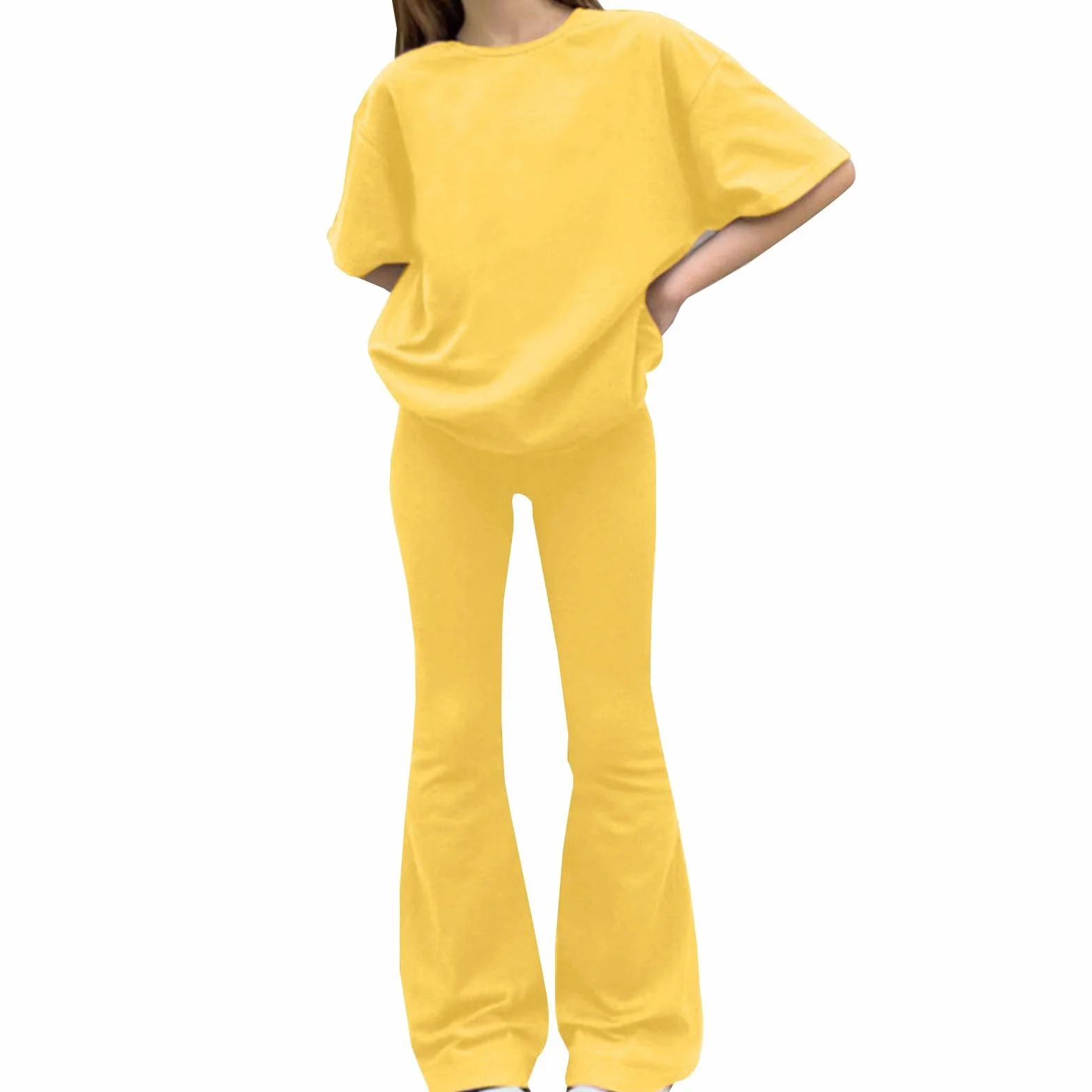 Conjunto de leggings acampanados de gran tamaño para niñas adolescentes, camisetas de manga corta y pantalones acampanados, conjunto deportivo de color sólido, traje deportivo de verano, casual