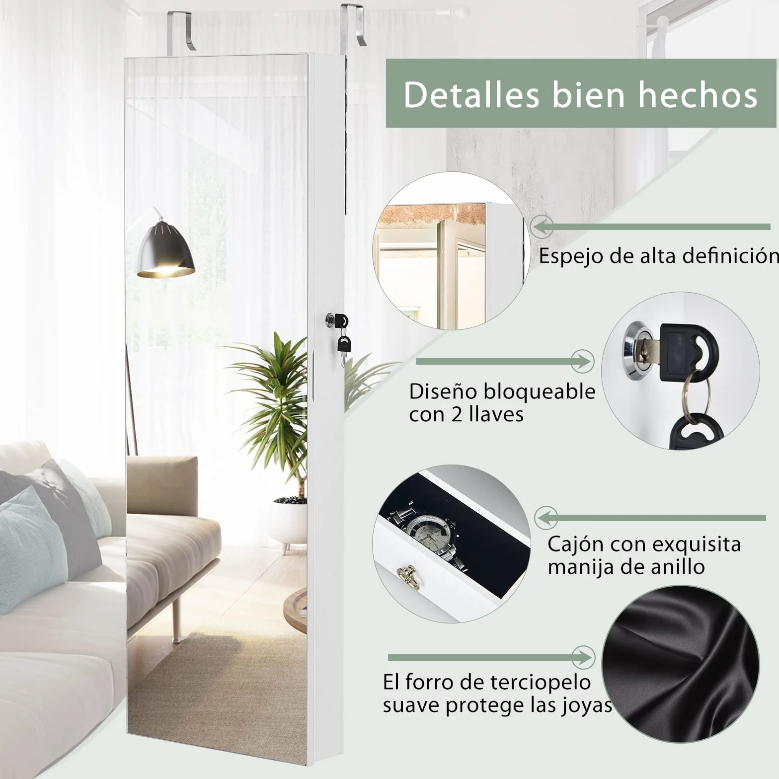 COSTWAY Armario con Espejo Joyero, Puerta LED y 2 Cajones, Cuerpo Entero para Dormitorio (Blanco)