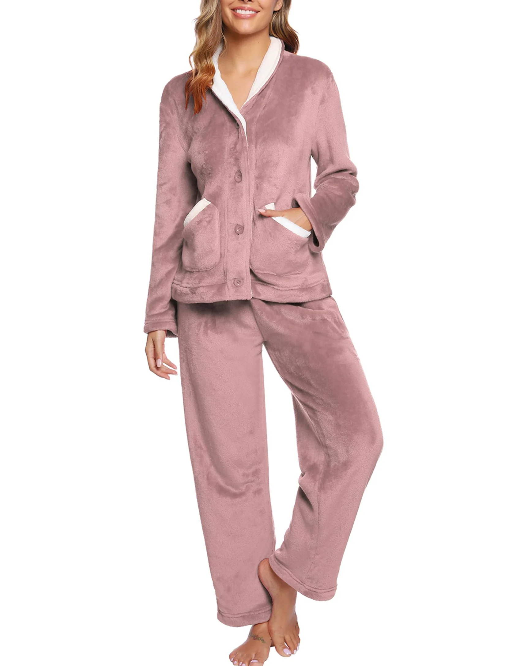 iClosam Pijama Invierno Mujer Franela Suave Conjunto de Pijamas con Botones | Manga Larga, Cuello Solapa, Bolsillos Frontales, 2 Piezas, Tacto Suave, Calor Interior, Ropa de Dormir, Estación Fría