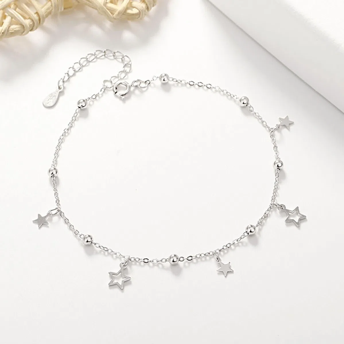 Tobillera Boho Au585 de oro blanco, 14 quilates con estrella para mujer, pulseras para niñas y mujeres, 23 cm de longitud