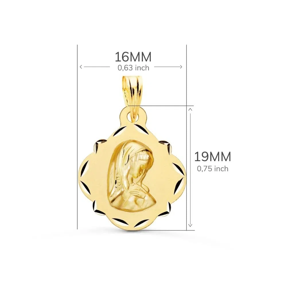 Virgen Niña medalla oro 18k Primera Comunión 19mm. detalles calados tallados
