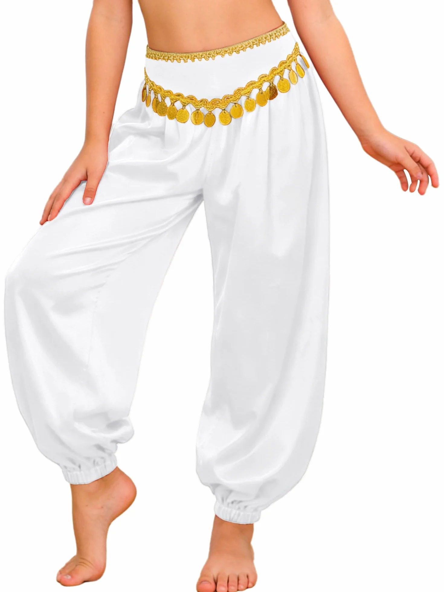 Agoky Pantalones Bombachos para Danza del Vientre Niña Satén Cintura Elástica Pierna Ancha