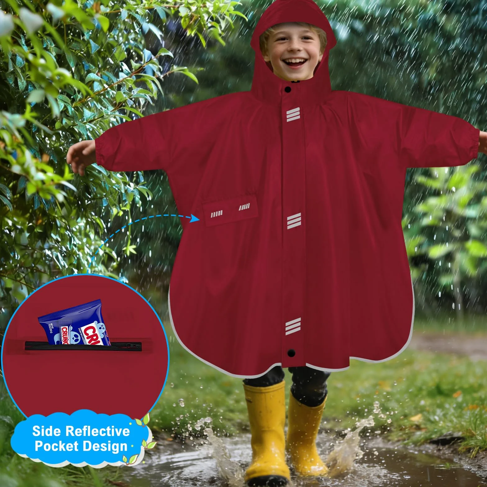 Poncho Lluvia Impermeable Niño Niña Unisex con Capucha Mangas Reflectantes
