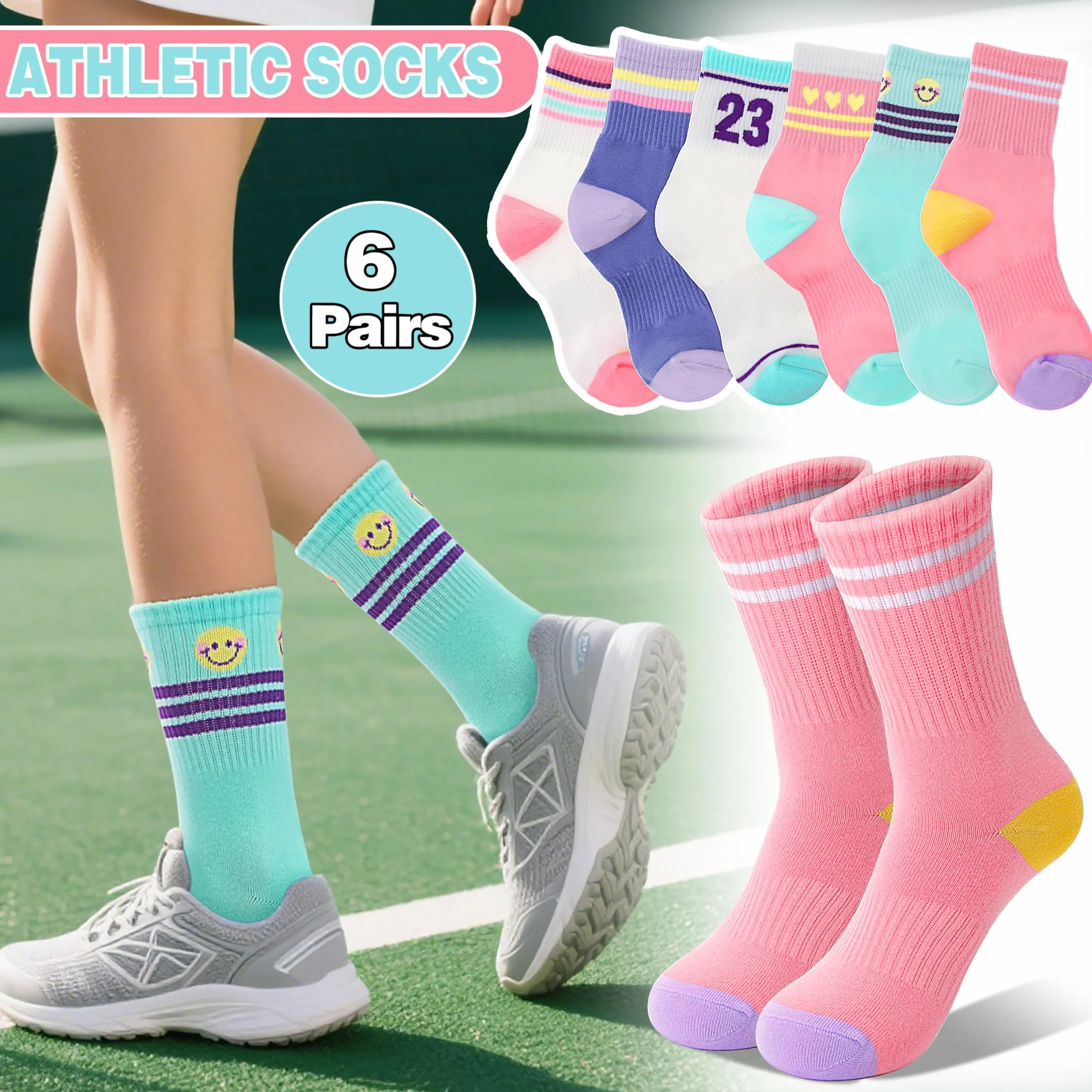 Sandsuced 6 pares calcetines atléticos niñas niños baloncesto deportes algodón respirables suaves actividades aire libre