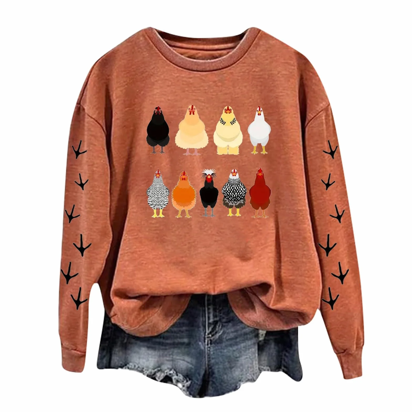 Jersey para mujer, algodón, manga larga, sin capucha, con estampado de pollo, holgado, cómodo para otoño, invierno, informal, deporte, ropa de calle, ocio, uso diario