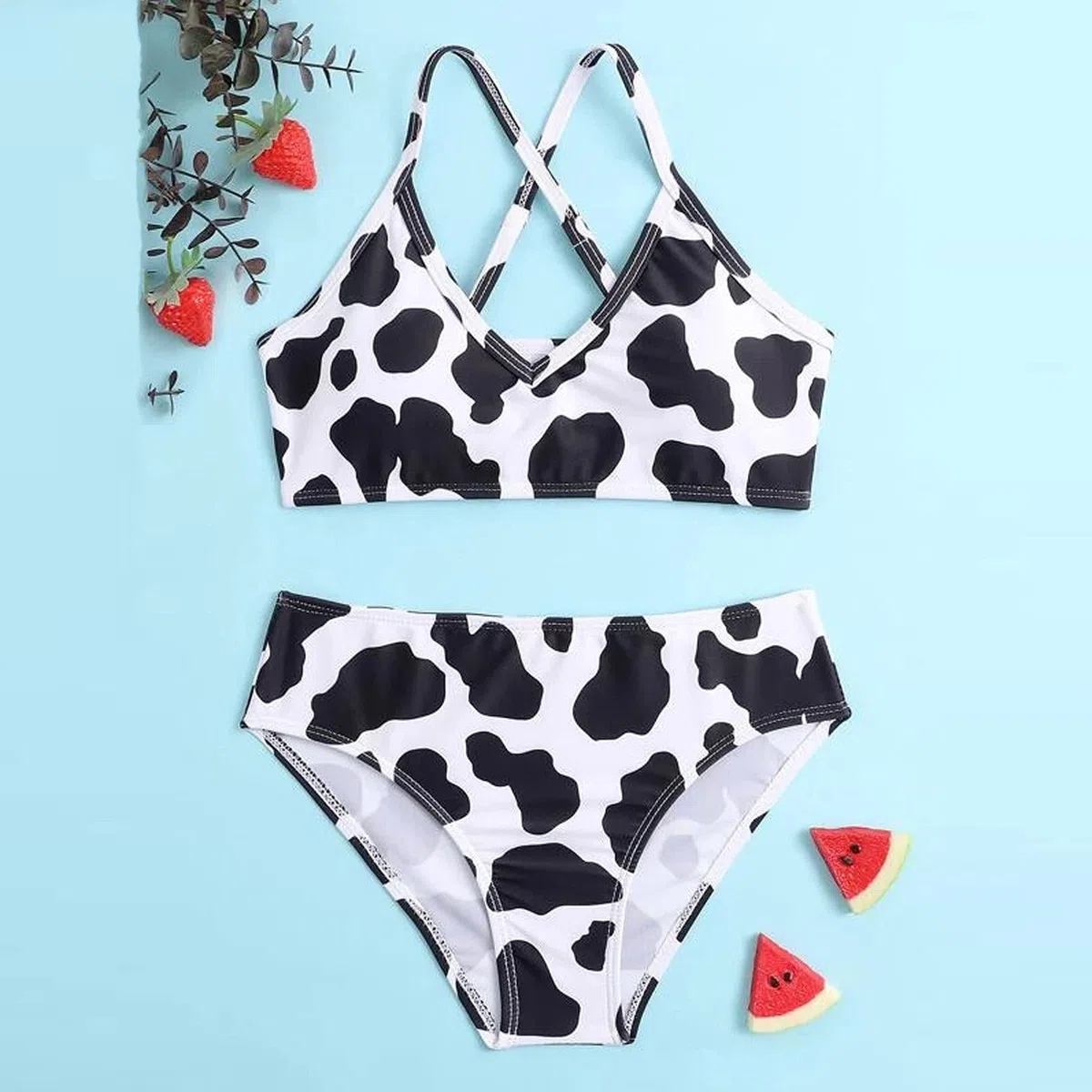 Generisch Traje de baño tankini para niñas con estampado floral de verano cruzado a través de la parte posterior lindo estampado niña vaca traje de baño de dos piezas