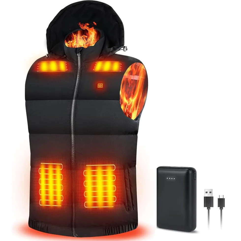 Chaleco con Calefacción Eléctrica USB con Batería, 3 Niveles de Temperatura, 9 Hojas de Calefacción, Lavable, Invierno Cálido