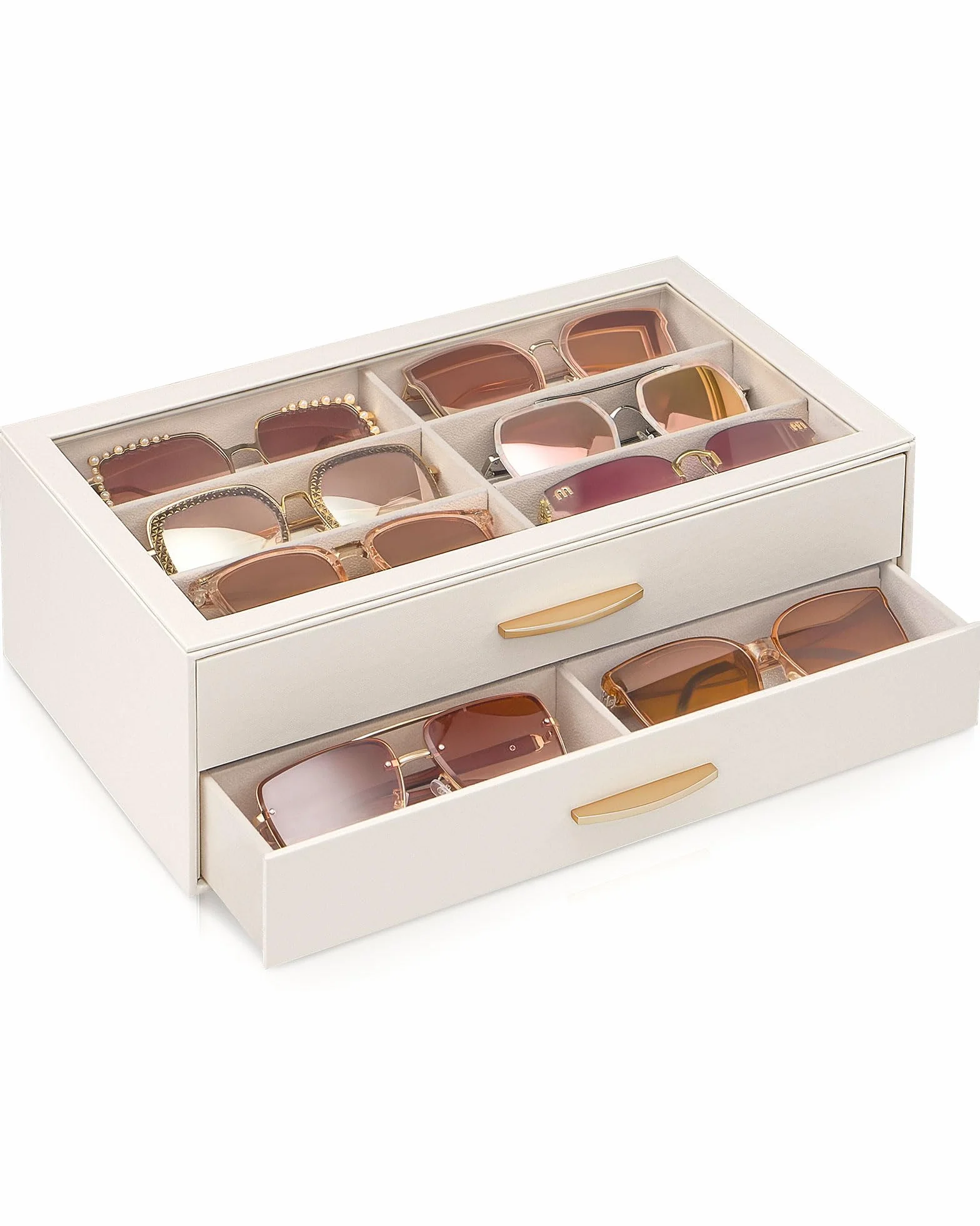Mujer Estuche Gafas Sol PU Tapa Transparente 2 Niveles Capacidad 12 Gafas Cream