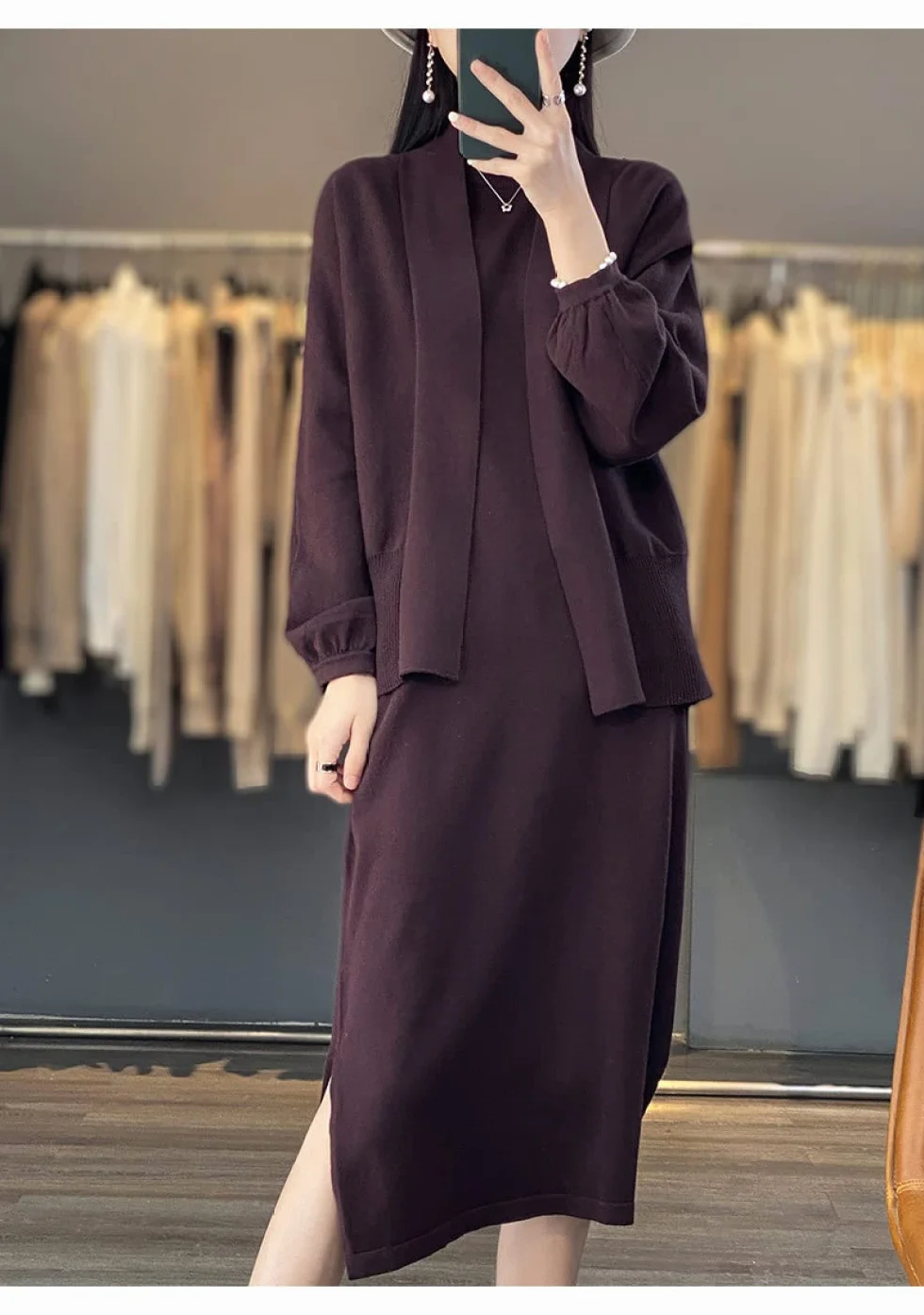 Cárdigan de Mujer Cárdigan de Punto de Algodón para Mujer Abrigo Suéter Liso Color Café Cárdigan Largo de Manga Farol Cárdigan Abierto por Delante Chaqueta de Punto Suelta de Primavera para Uso Diari