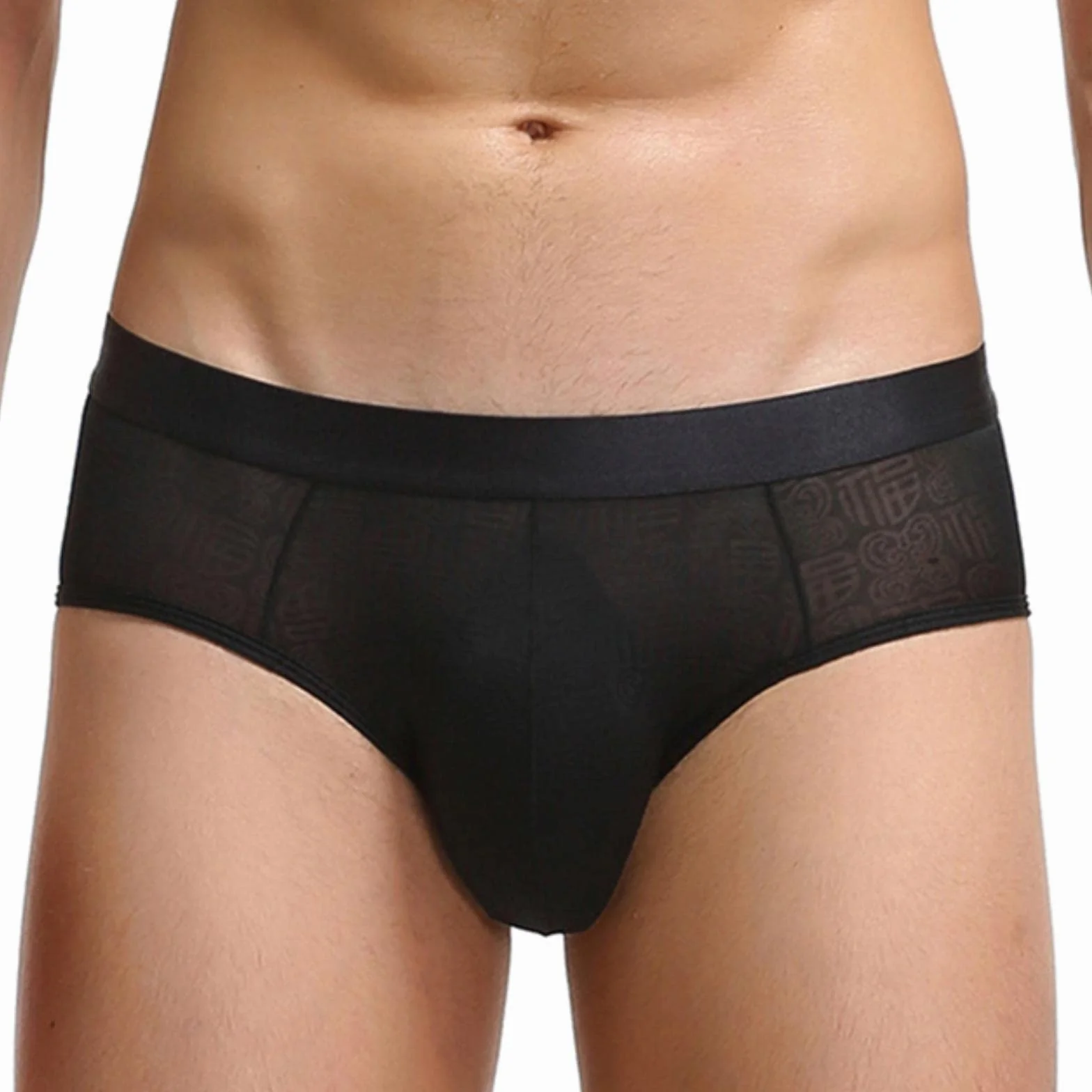 Calzoncillos de seda helada para hombre con malla transparente, diseño estampado, cintura baja