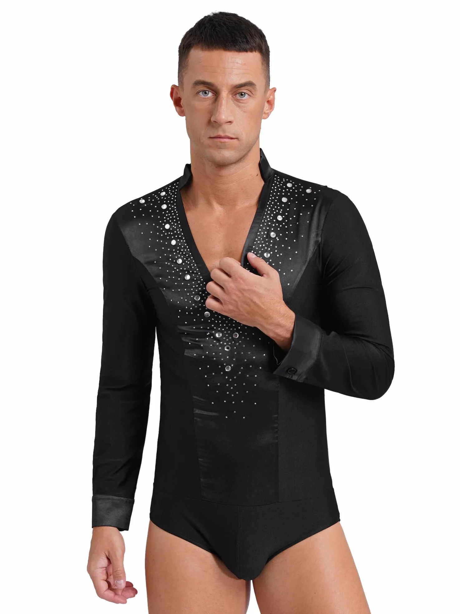 Aislor Leotardo Brillantes Hombre Cuello V Body Satén Manga Larga Danza Latina Patinaje Artístico Traje