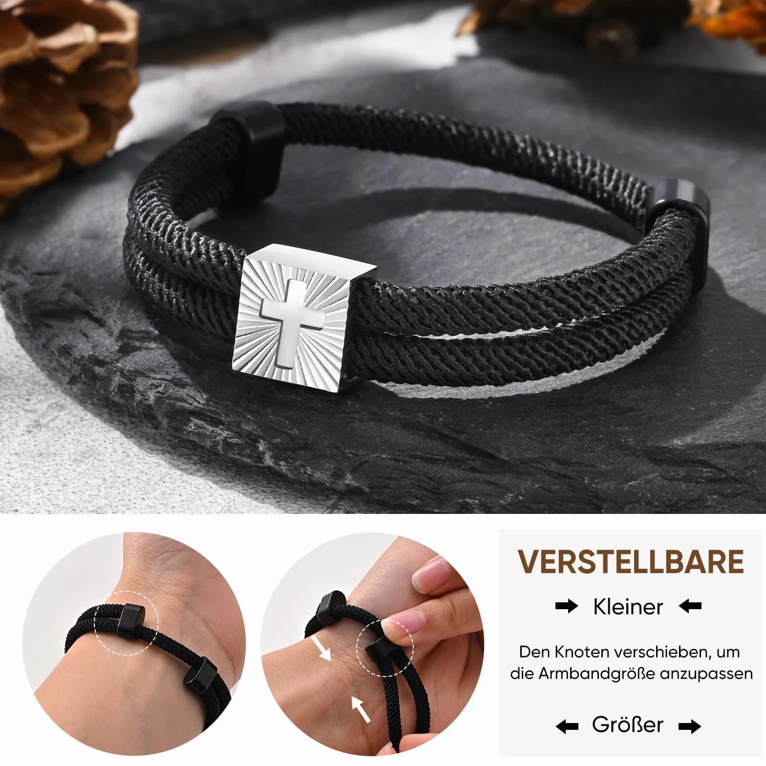 FLHEART Cruz pulsera confirmación regalos para niños – Pulsera de cuerda náutica negra con cruz, pulseras de Jesucristo, joyas, confirmación de Pascua, regalo para niños, hombres, hijo, regalos