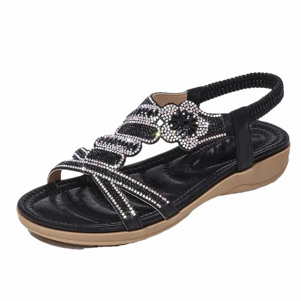 Sandalias de gladiador con banda elástica delantera y trasera para mujer, tacón plano, parte superior de poliuretano, sandalias de verano