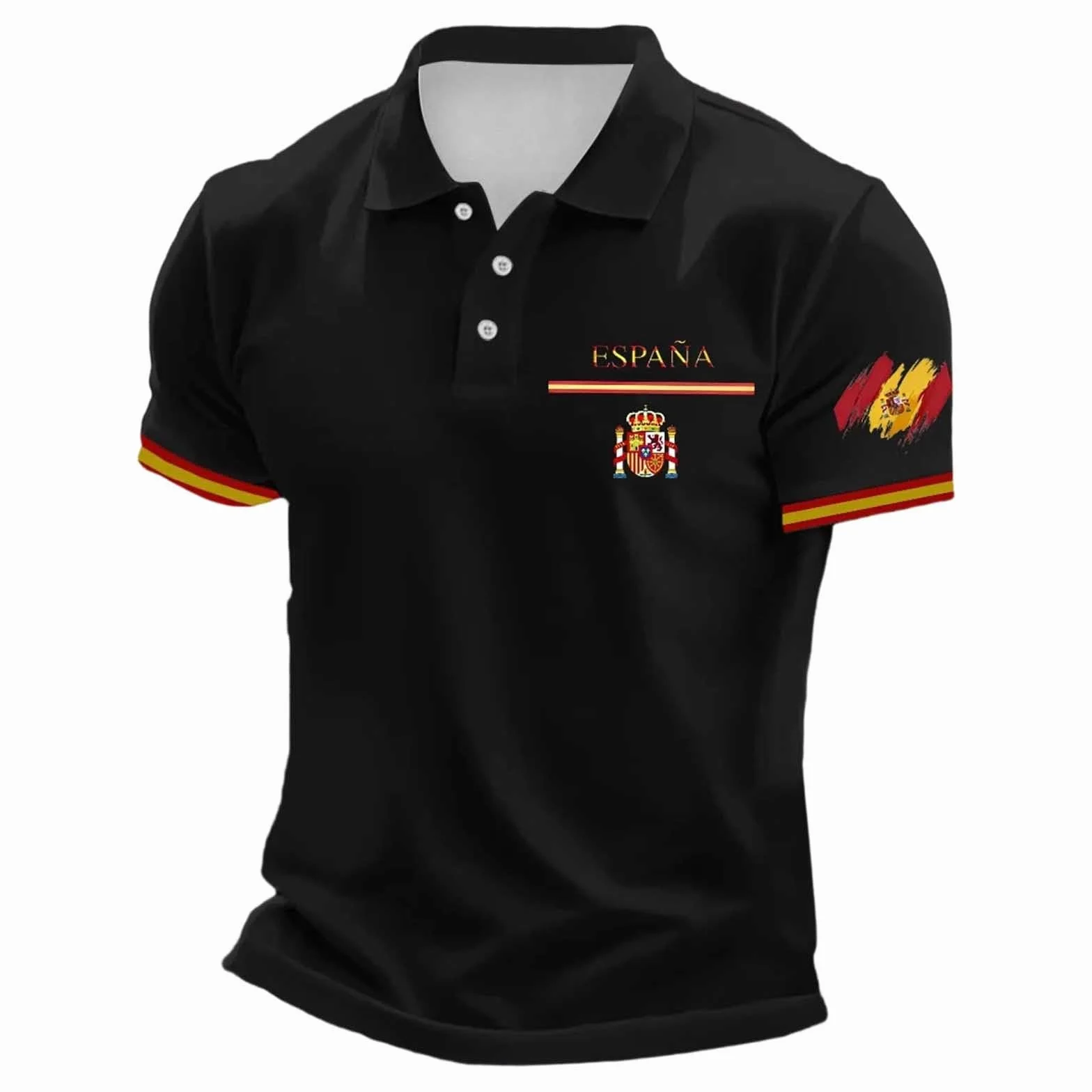 Camiseta premium de algodón suave con bandera de España bordada, polo retro de fútbol rojo y amarillo para hombre