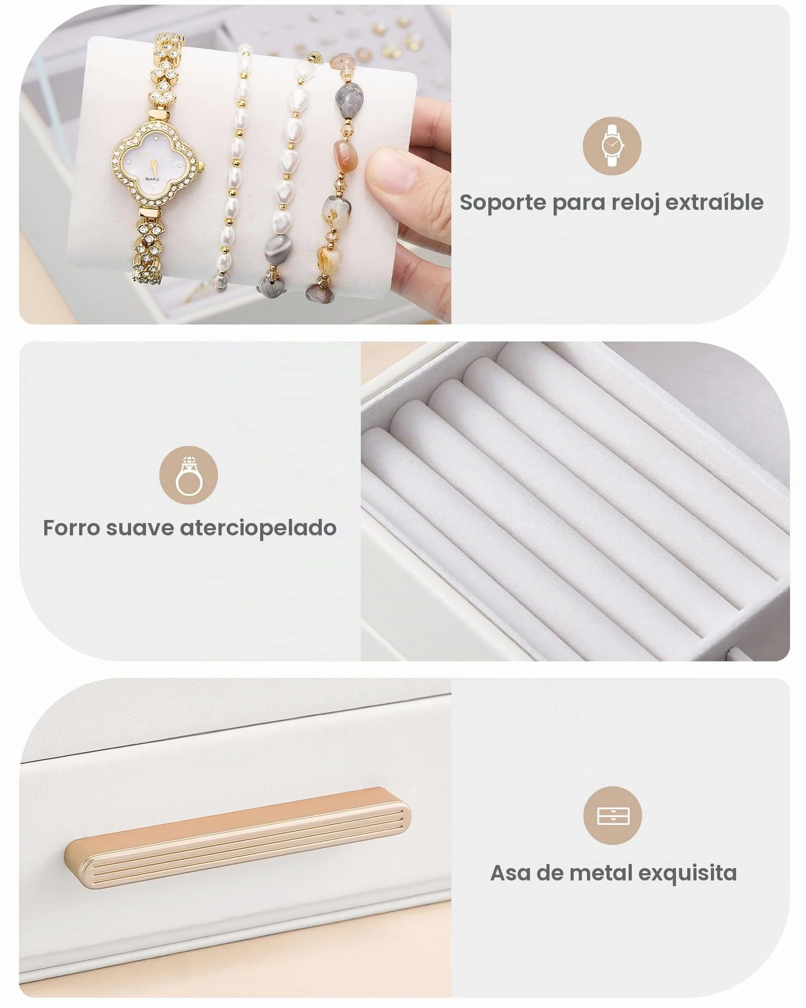 Lolalet Caja para Joyas de Doble Capa, Estuche Joyero Organizador para Collares Anillos Aretes Pulseras Relojes, Regalo para Mujer - Blanco