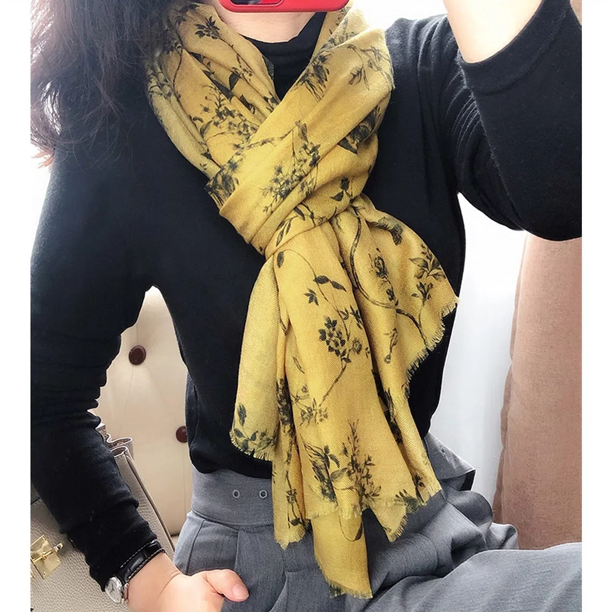 Bufanda de Cachemira con Estampado Floral para Mujer, Bufanda Fina de Cachemira de Estilo Largo de Gama Alta para otoño e Invierno (100)