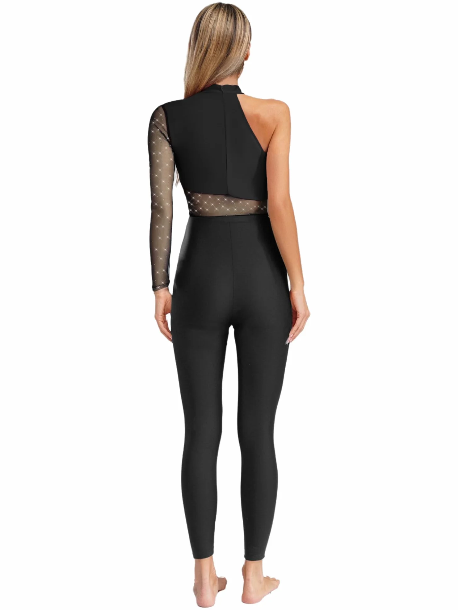 Agoky Maillot de Danza Ballet Mujer Mono Manga Larga con Pedrería Brillante Jumpsuit Deportivo