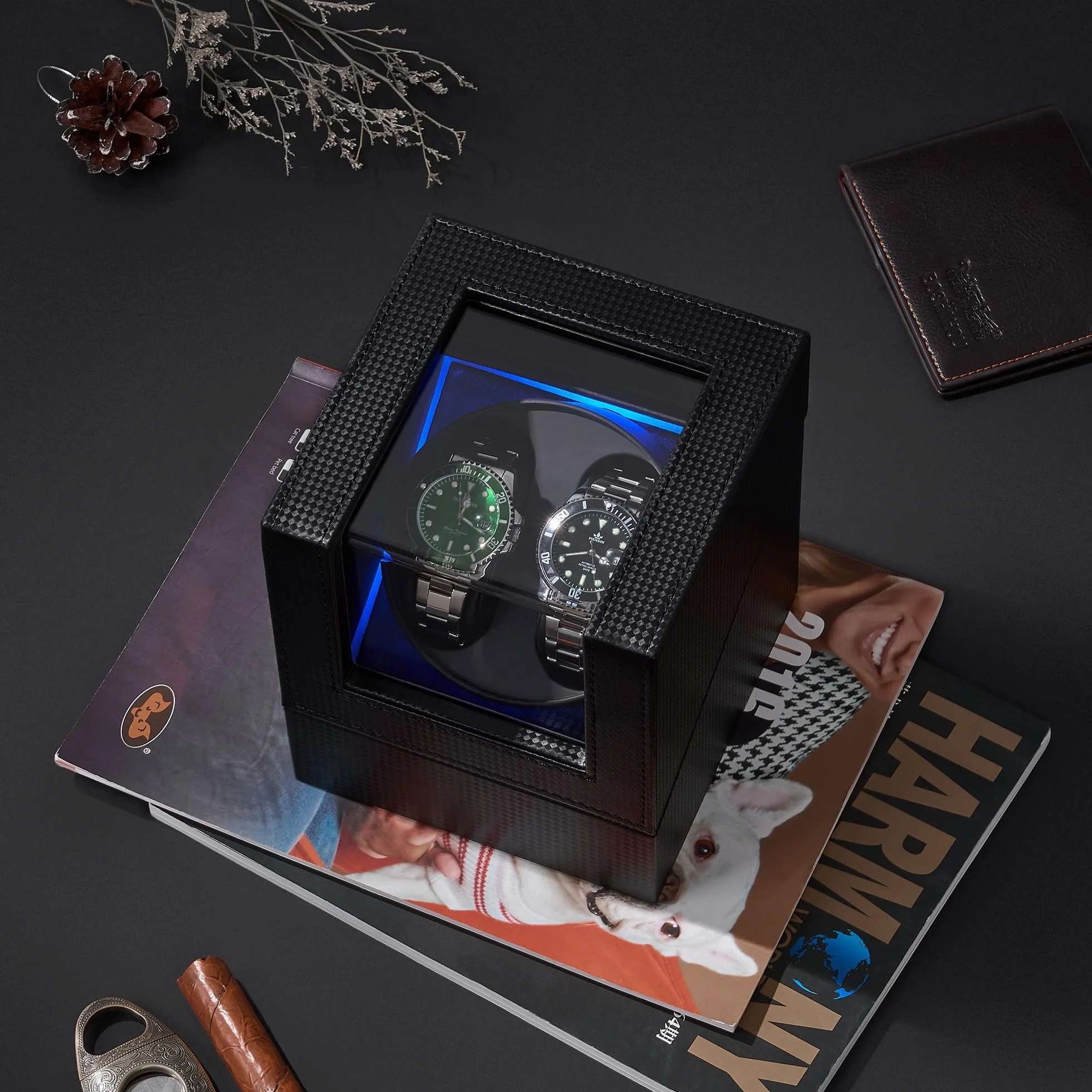 ANWBROAD Enrollador para Relojes Automáticos Caja Giratoria para 2 Relojes Súper Silencioso Retroiluminación LED Watch Winder de Lujo 5 Modos JWW001B