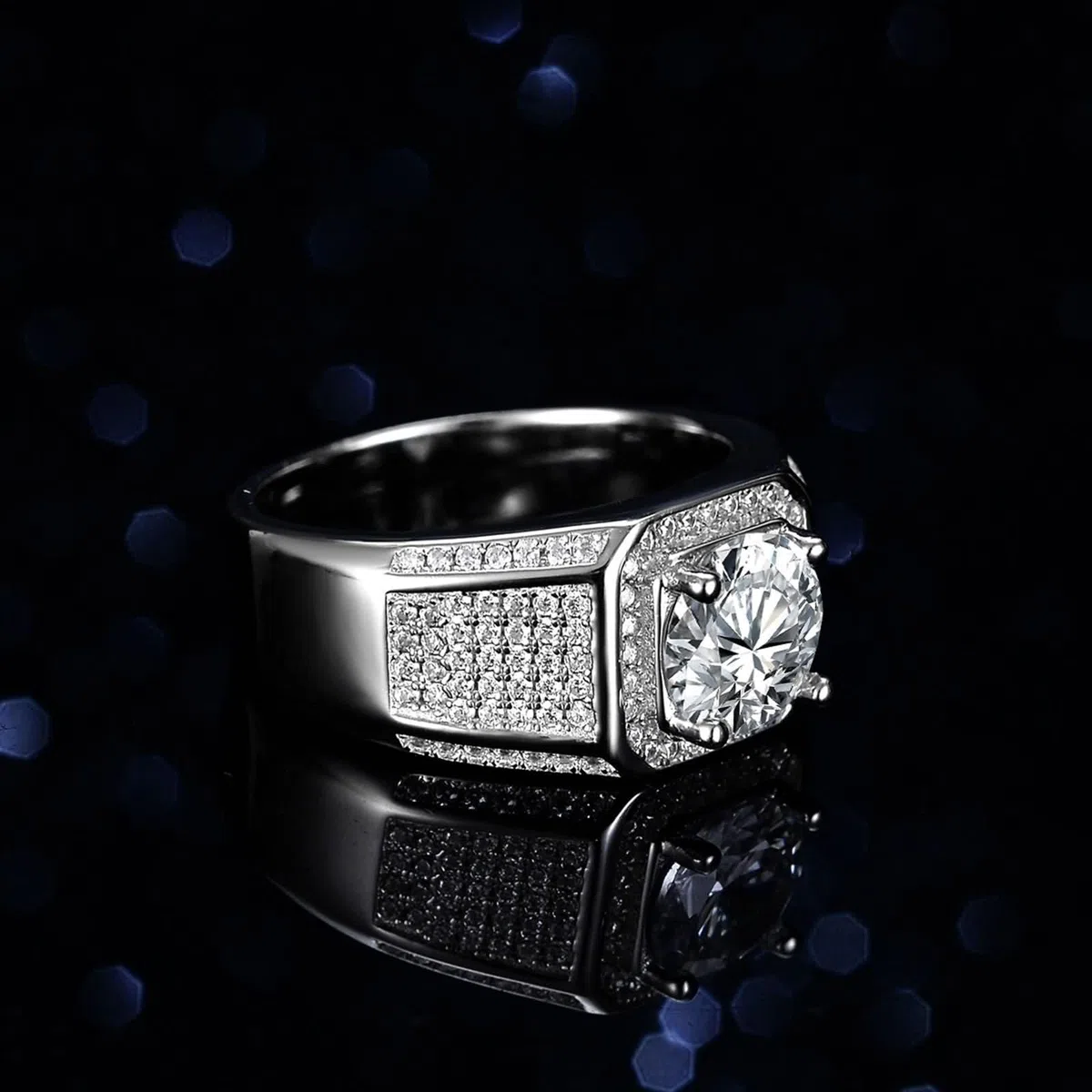 Anillo para hombre de plata de ley de 6 dientes redondo con moissanite de 2 quilates, plata de ley 9 K, oro blanco de 9 quilates, talla 53 (16,9)
