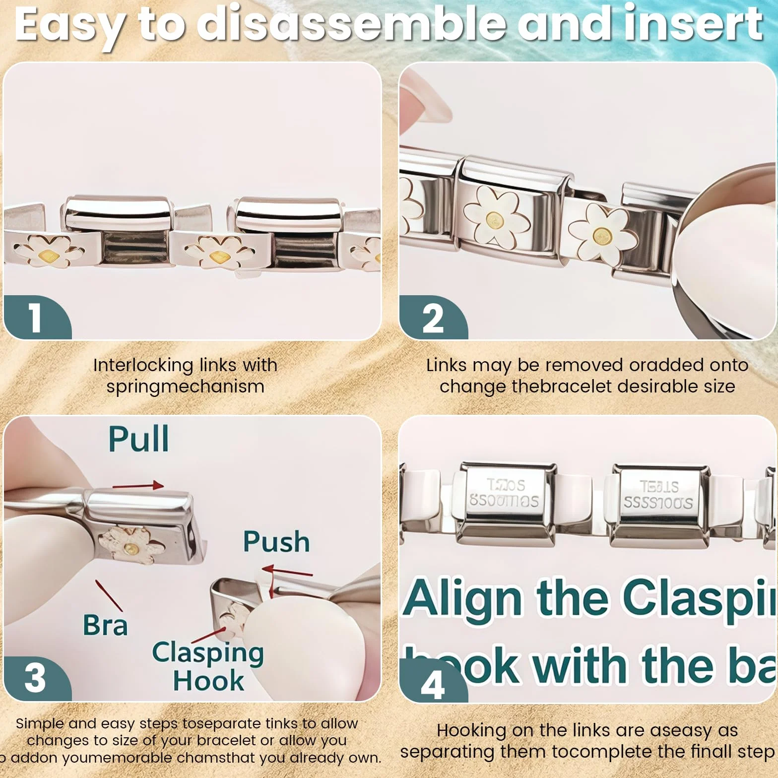 Pulsera Italiana de Encantos Conjunto de Brazalete Dorado con 1 Pulsera Inicial, 10 Encantos Italianos Temáticos del Océano con Herramienta de Apertura, 9 mm Encantos Italianos Modulares,