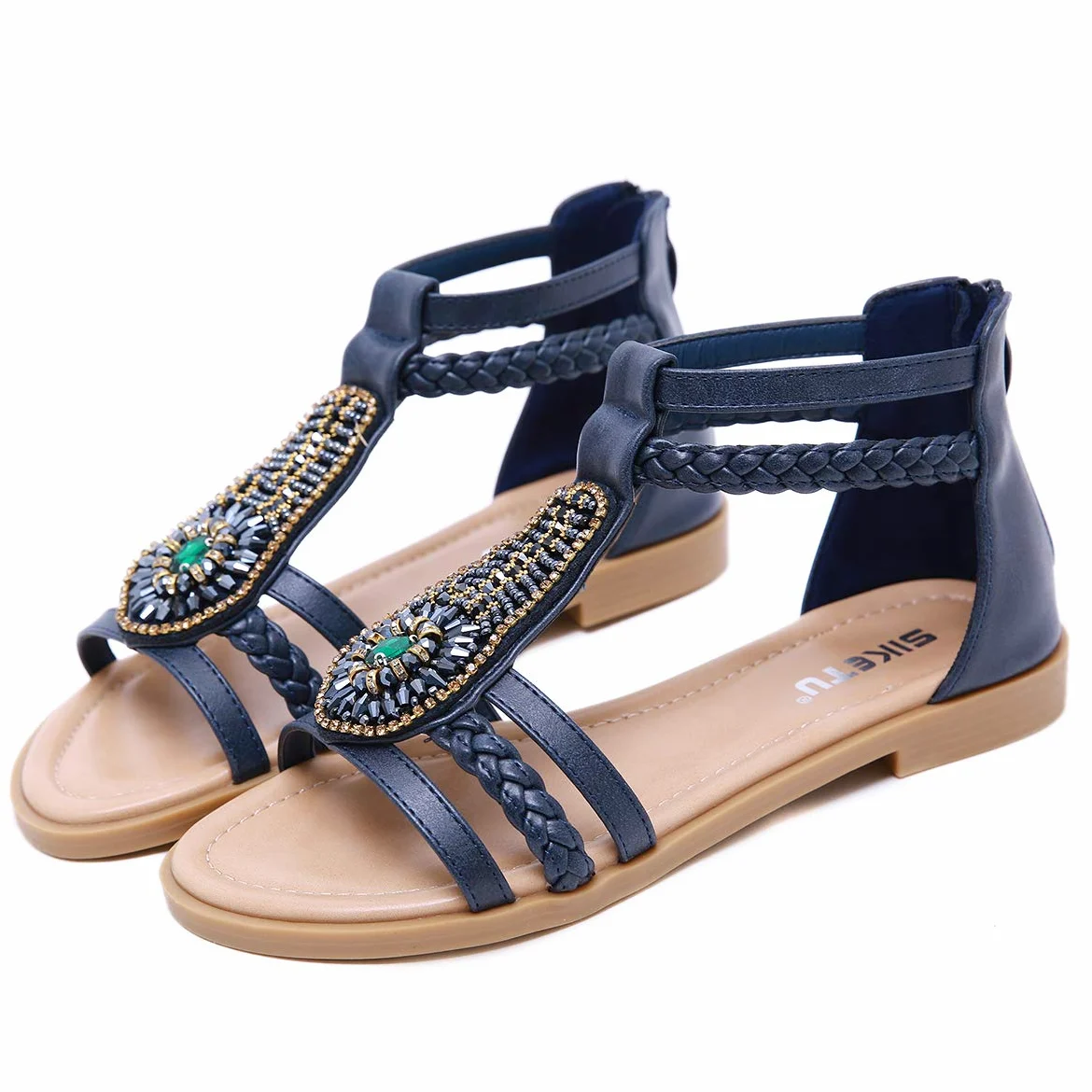 Sandalias para Mujer, Summer Beach Sandalias Planas de Gladiador Sandalias de Punta Abierta Boho para Mujer Sandalias cómodas con Correa en el Tobillo Chanclas