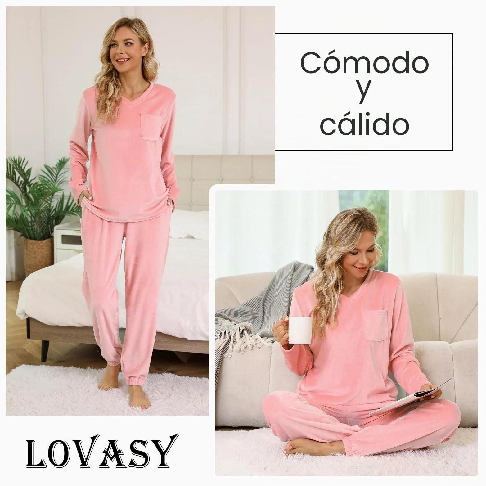 Lovasy Pijamas Mujer Invierno Polar Pijama de Franela Mujer Manga Larga Conjunto 2 Piezas