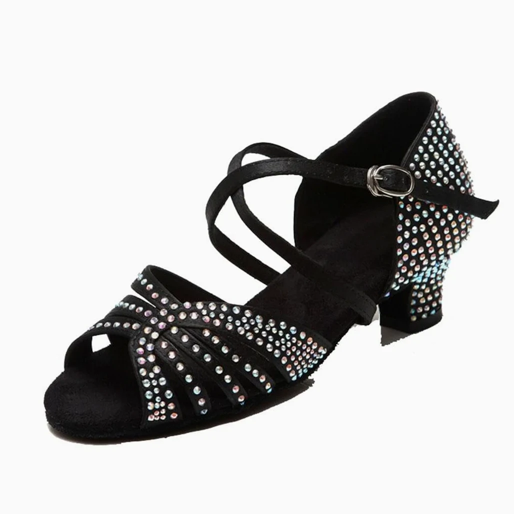 Mujer Gruesa Tacón Bajo Diamantes de Satén Salsa Práctica Salsa Baile Latino Zapatos de Baile Boda Praty Sandalias