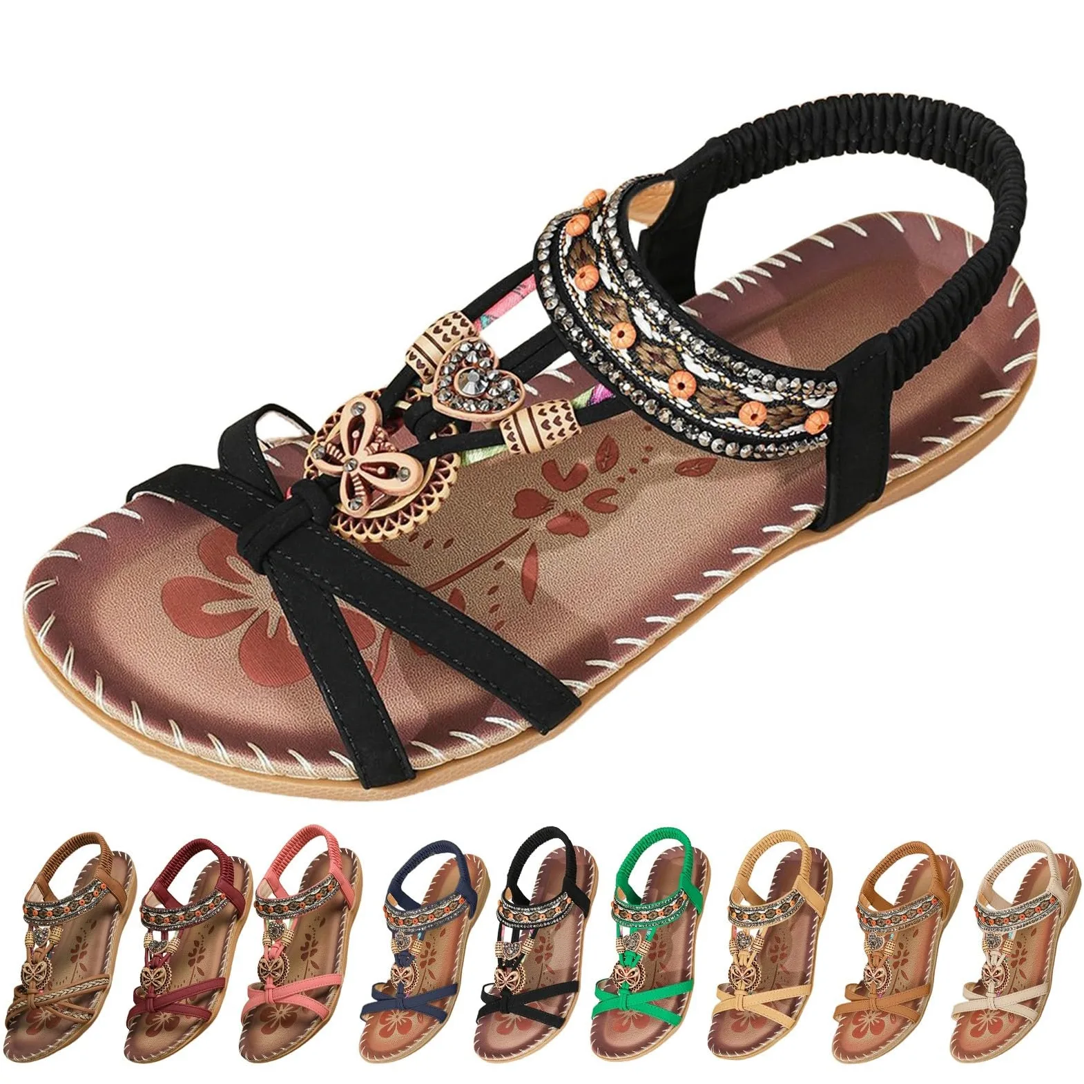 Generisch Sandalias para mujer, estilo boho, sandalias brillantes de estrás, zapatos de playa, elegantes sandalias romanas, tallas grandes, sandalias planas, suaves, antideslizantes, informales, con