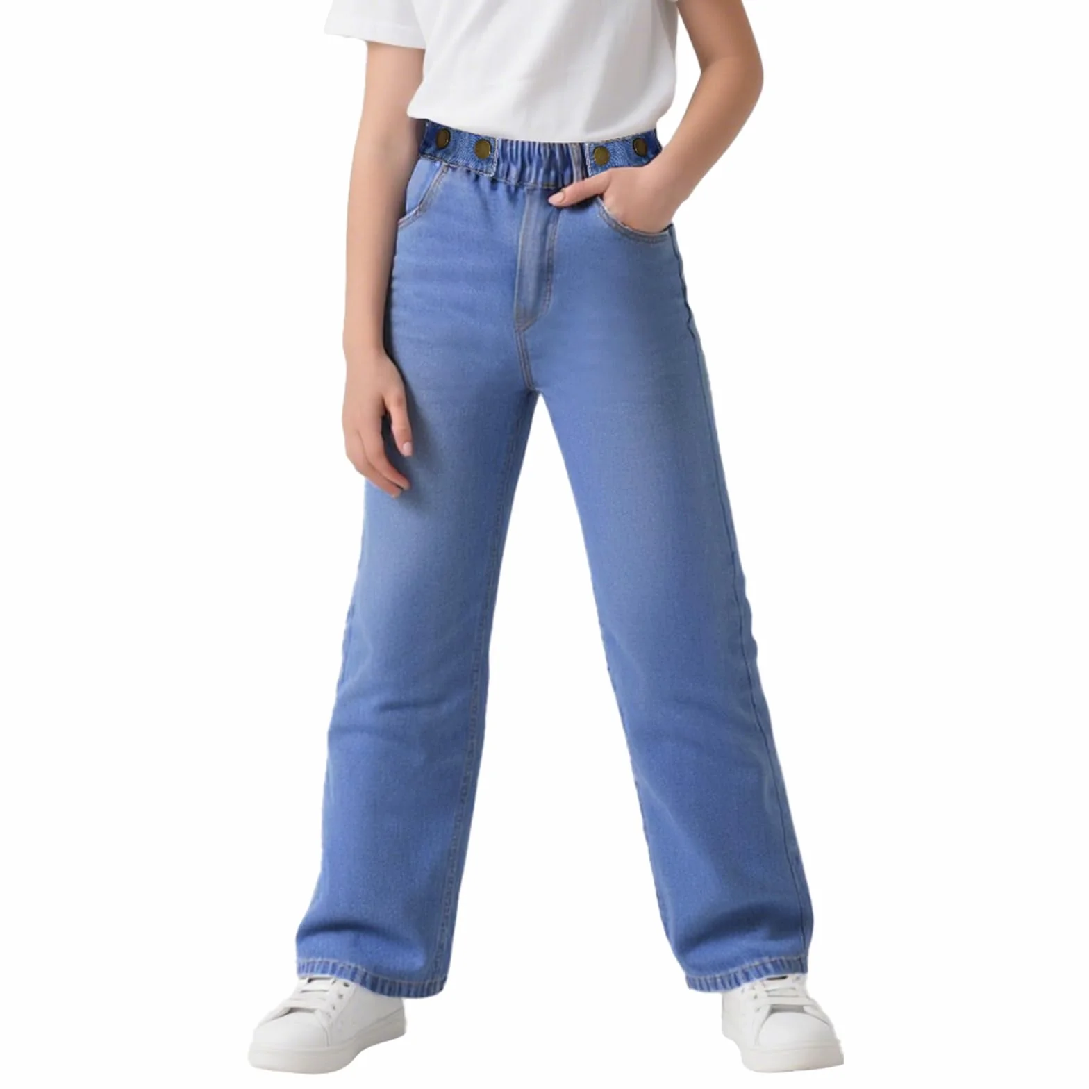 Jeans para Niñas, Holgados de Pierna Ancha Vaqueros Casual Pantalones con Cintura Elástica, Largos Stretch Azul Denim Jeans con Bolsillos Moda Infantil Pants para 6-14 años