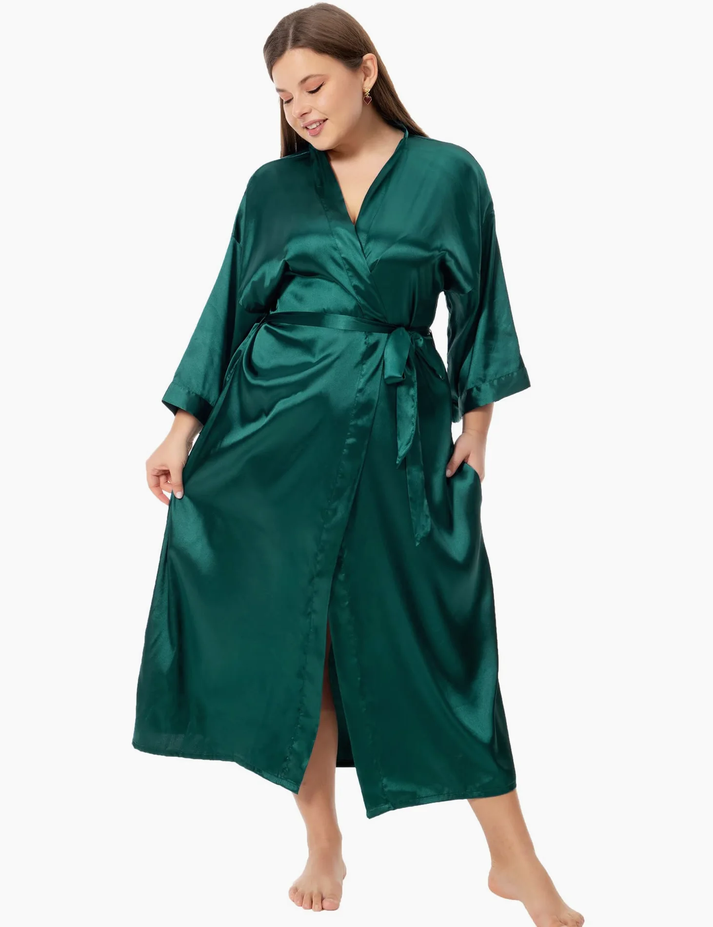 Bata larga de satén floral para mujer, talla grande, de seda, kimonos florales de pavo real, ropa de dormir.
