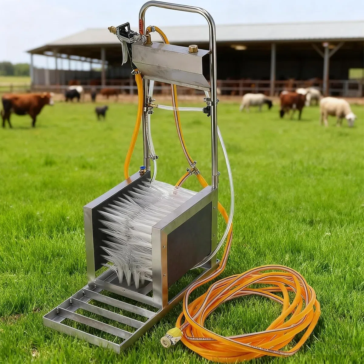 Cepillo de zapatos de acero inoxidable con pistola pulverizadora de agua, raspador de limpieza rápida para caminos de jardín y granja, 15 agujeros para eliminar la suciedad definitiva