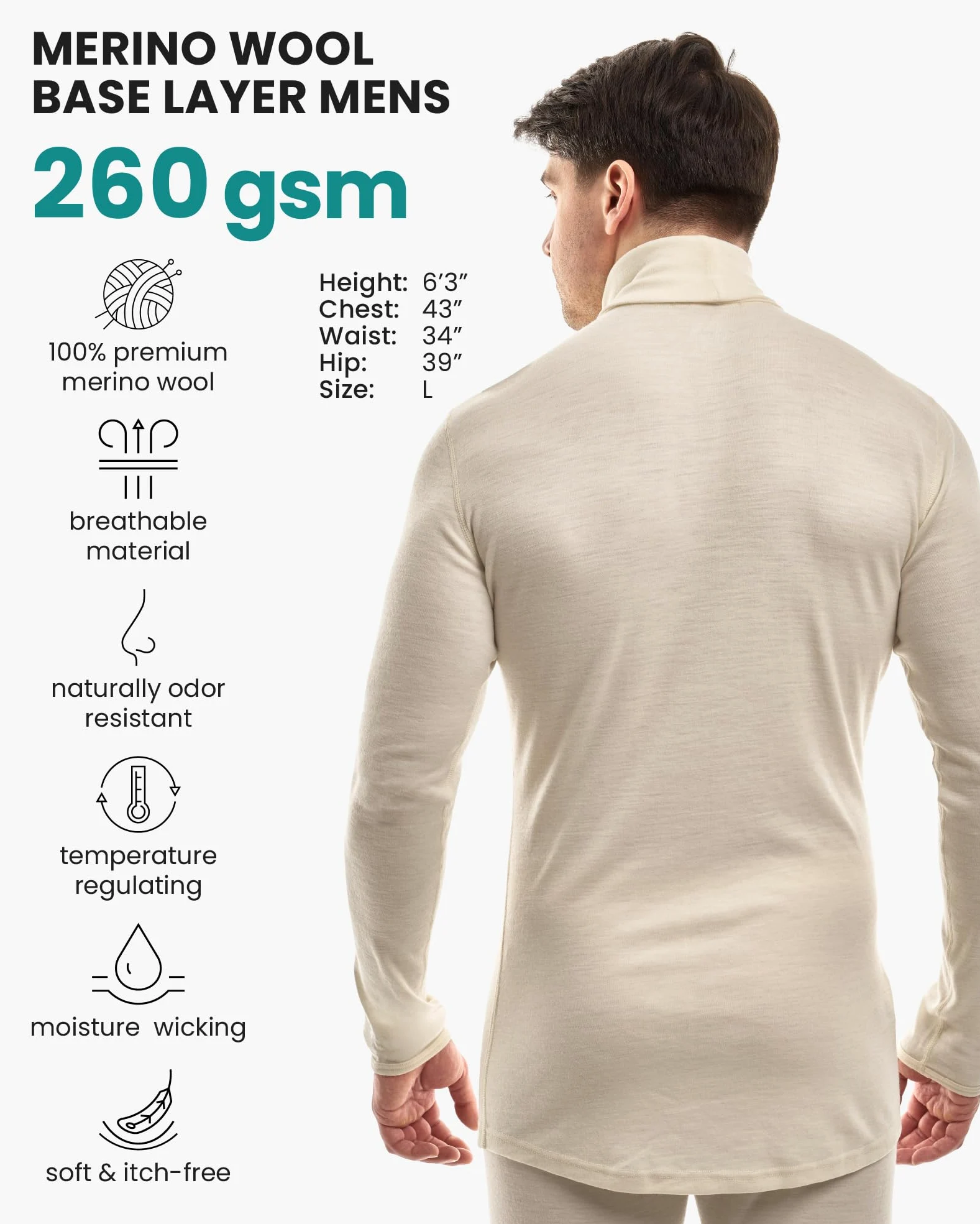 Merino.tech Jersey Cuello Alto Hombre 100% Lana Merino + Calcetines | Diseño cuello alto manga larga para hombre, protege del viento, retiene el calor, ajuste cómodo