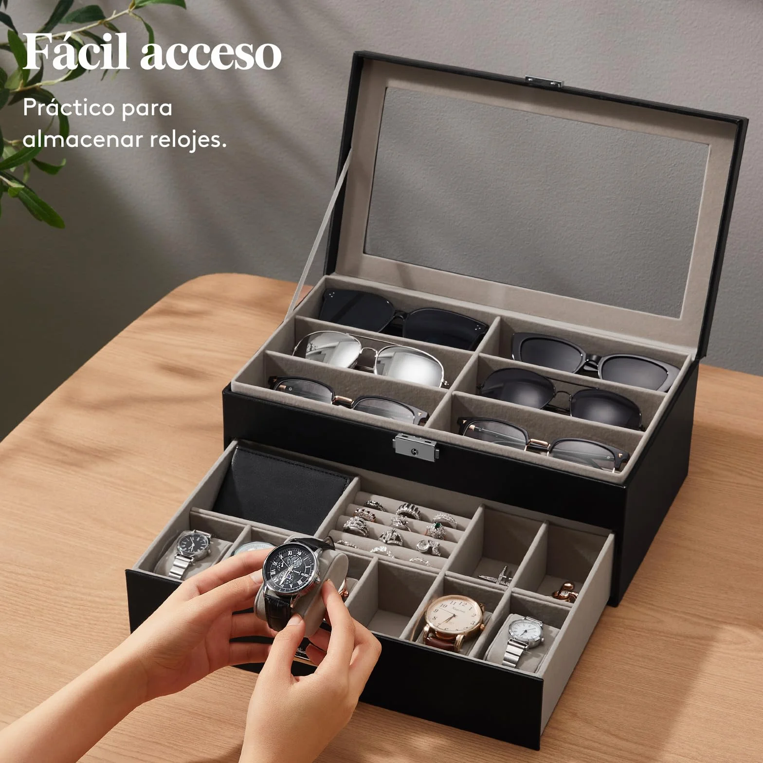 Lifewit Organizador Gafas de Sol, Expositor Gafas, Caja Relojes con Tapa de Cristal, Joyero Hombres para Llaves, Tarjeteros, Anillos, Broches, Regalos Hombre y Mujer, 35 x 21cm, Negro