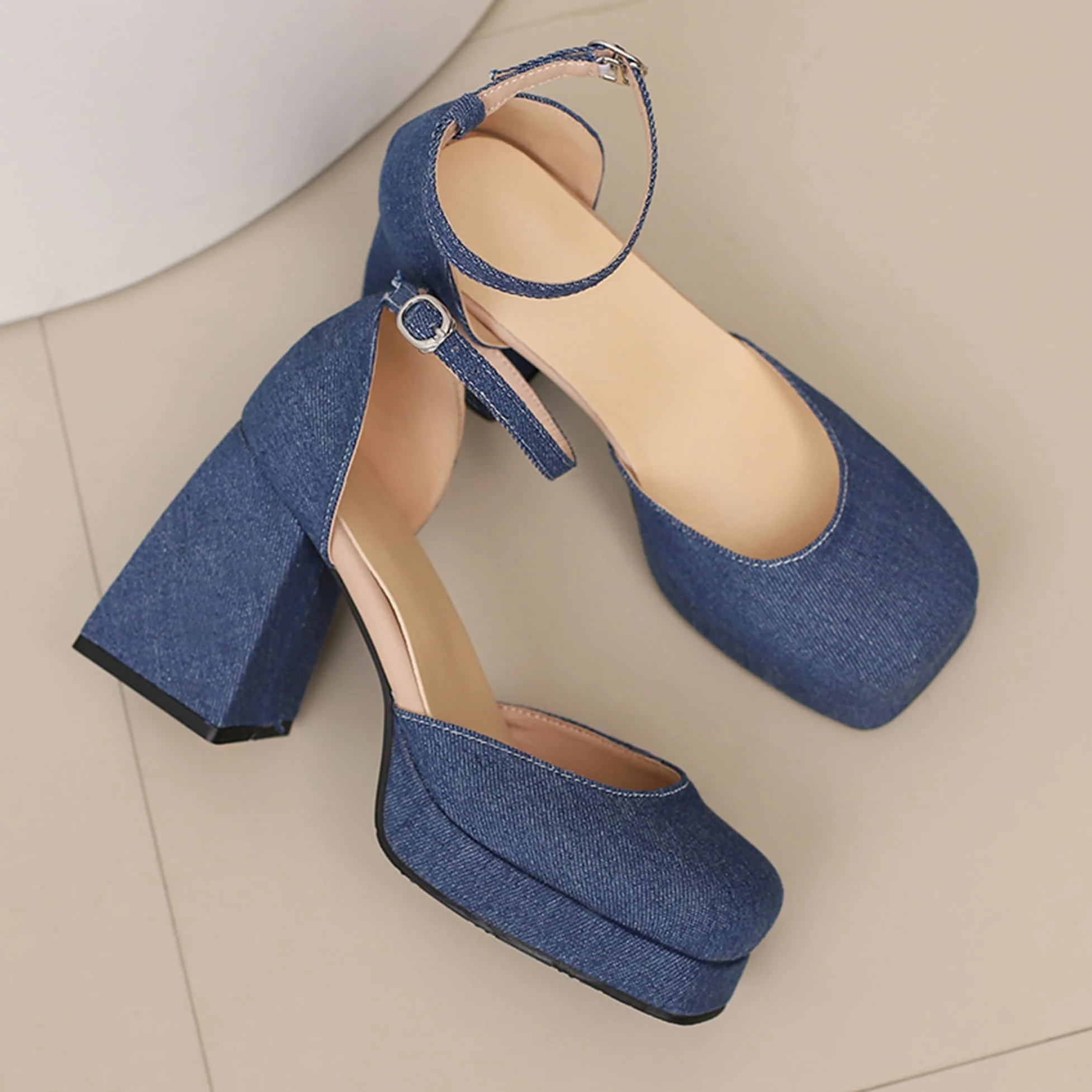 Zapatos Mary Jane sexys con Punta Cuadrada Cerrada y Tiras en Tobillo para Mujer,Tacones Bloque con Plataforma sexys,Sandalias tacón Elegantes para Fiesta