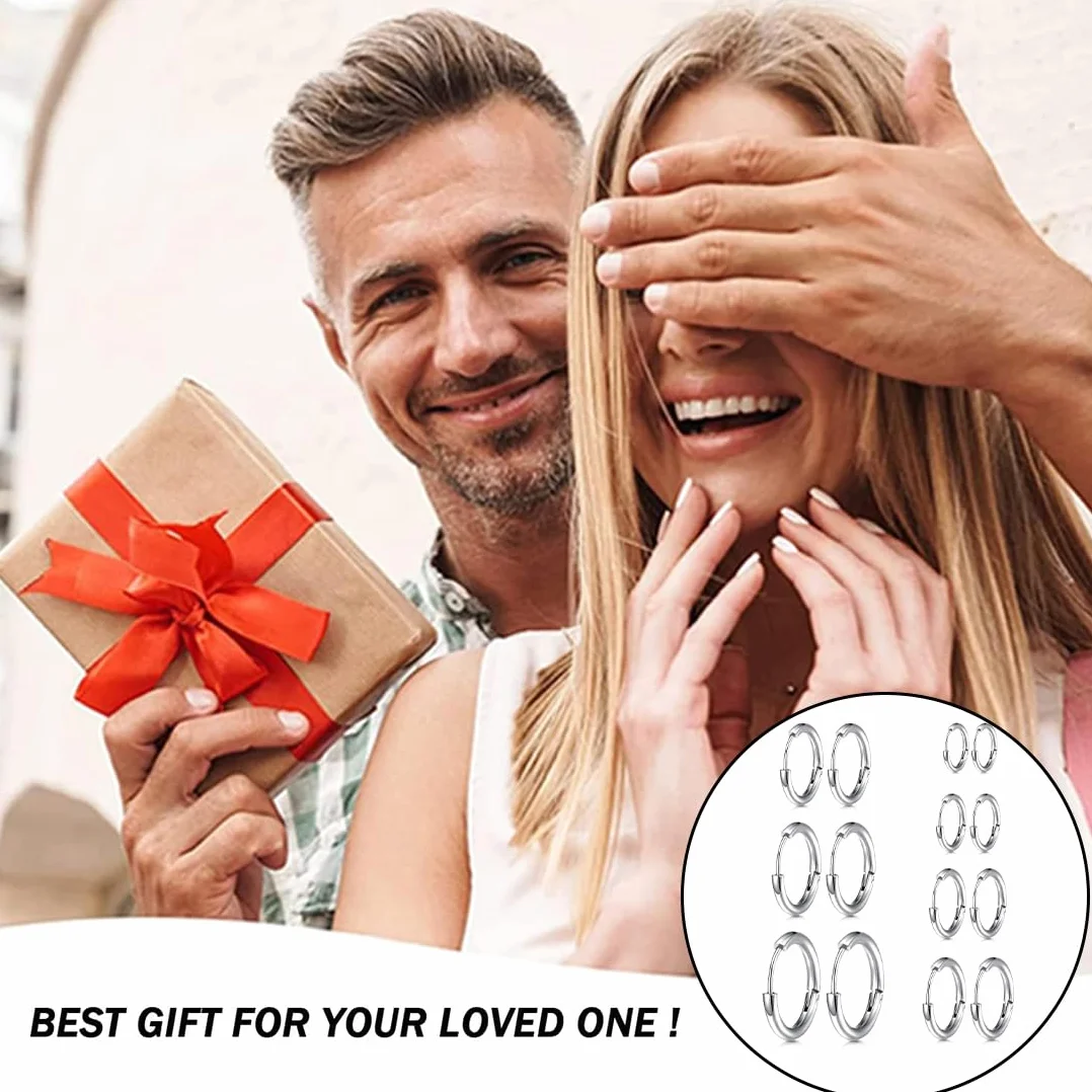 Pendientes de Aro de Plata para Hombres y Mujeres, Acero Inoxidable Hipoalergénico 8-20 mm