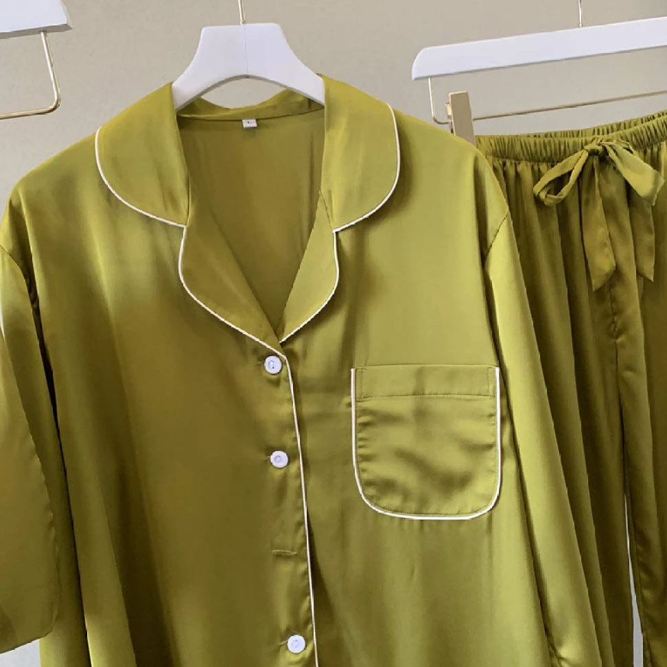 YUHOOE Pijamas De Mujer,Conjuntos De Pijamas Sexy De Satén De Seda para Mujeres Pijamas De Manga Larga De Lujo Europeo Ropa De Dormir Pijama con Botones 2 Piezas Pijama con Bolsa,Verde,XL