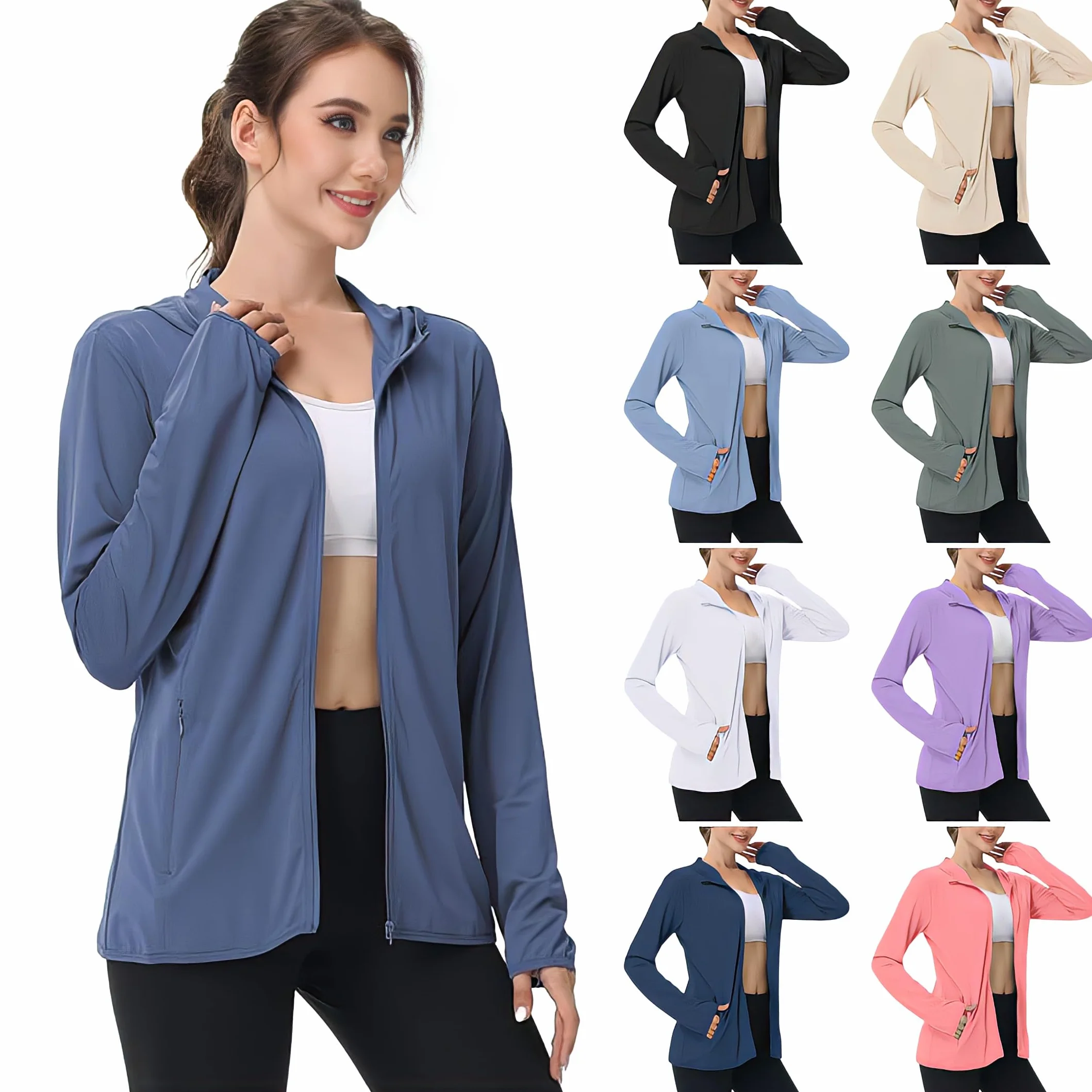 Chaqueta de protección UV para mujer manga larga transpirable capucha deportiva verano