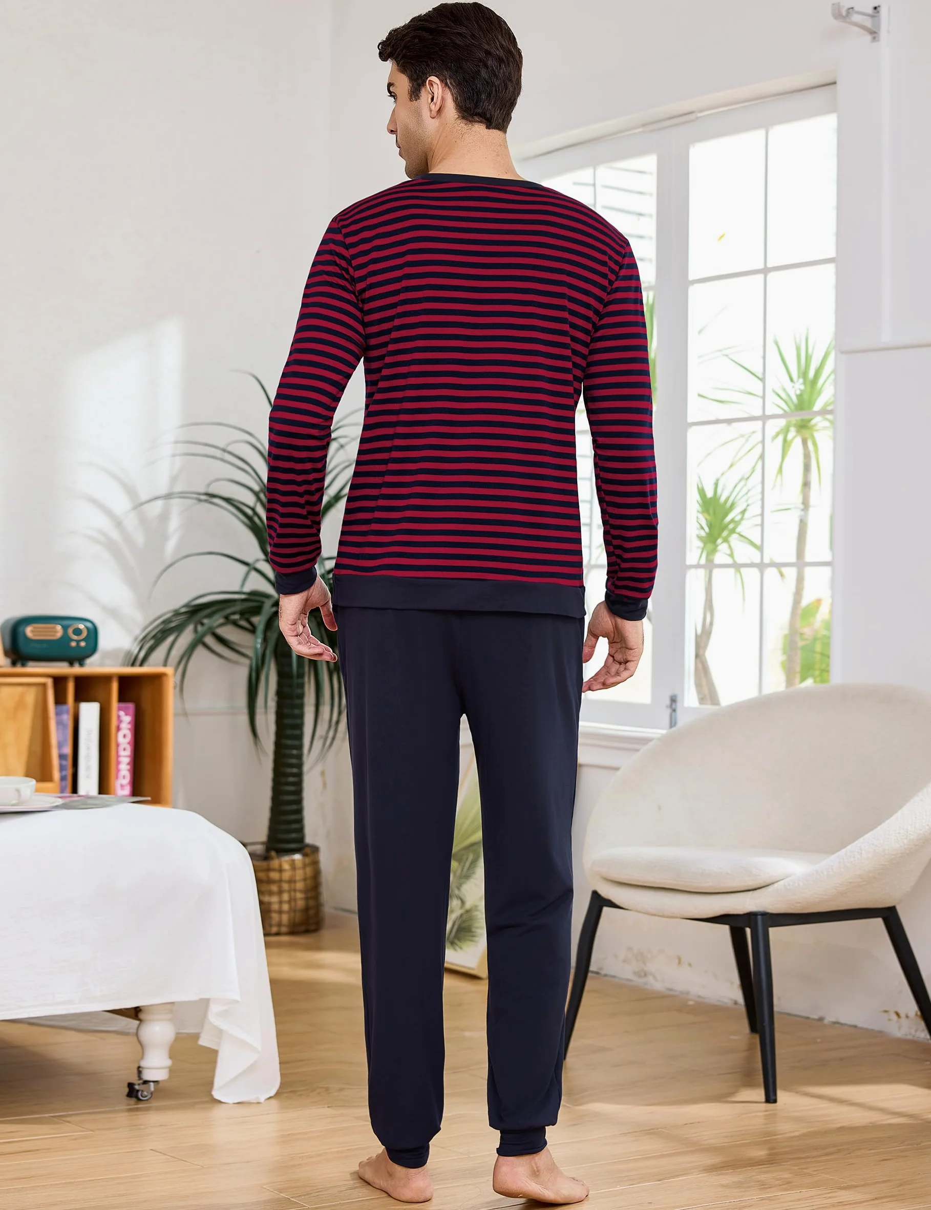Bresdk Pijama Hombre Invierno Algodon Manga Larga Conjunto de Pijama a Rayas Dos Piezas Pijamas Largos Cuello Redondo S-3XL