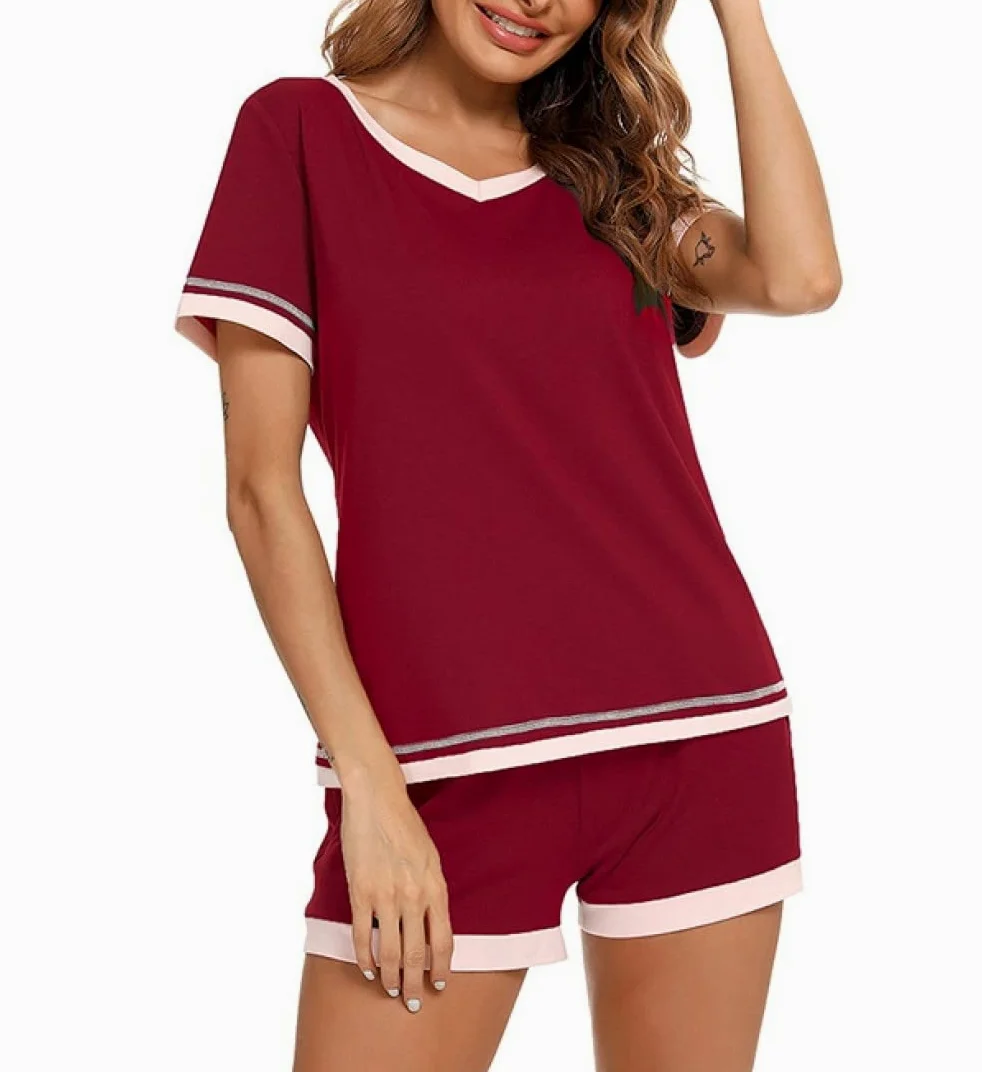Pijama De Mujer Manga Corta,Borde Rosa Rojo Con Cuello En V Pijama De Manga Corta Para Mujer Conjunto De 2 Piezas Pijama Suave Y Cómodo Para Mujer Ropa De Descanso Regalo Del Día De La Madre Para
