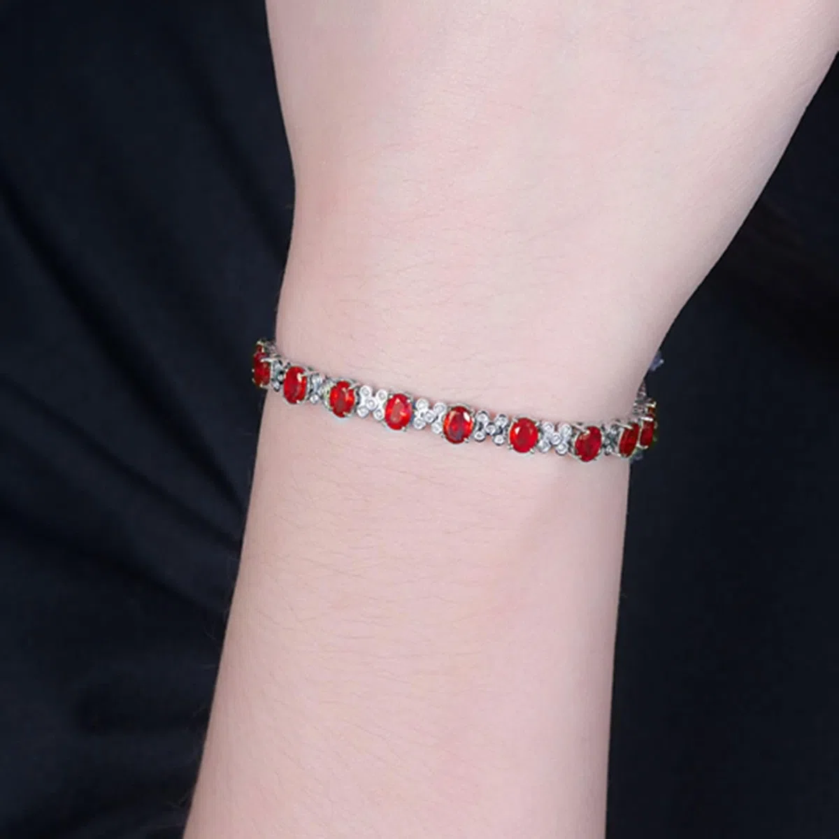 Pulsera de Oro Blanco Mujer 9 K / 14 K / 18 K, Flor y Oval con Rubí Creado de 6 ct y Diamante, Cadena 16 CM, Pulsera Mujer de Plata Rojo