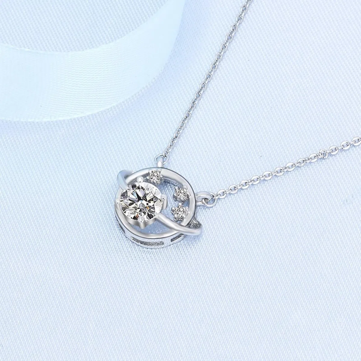 Colgante Collar Oro Blanco Mujer 9K / 14K / 18K, Planeta y Estrella con Diamante Creado y Moissanita, Colgante de Plata de Mujer