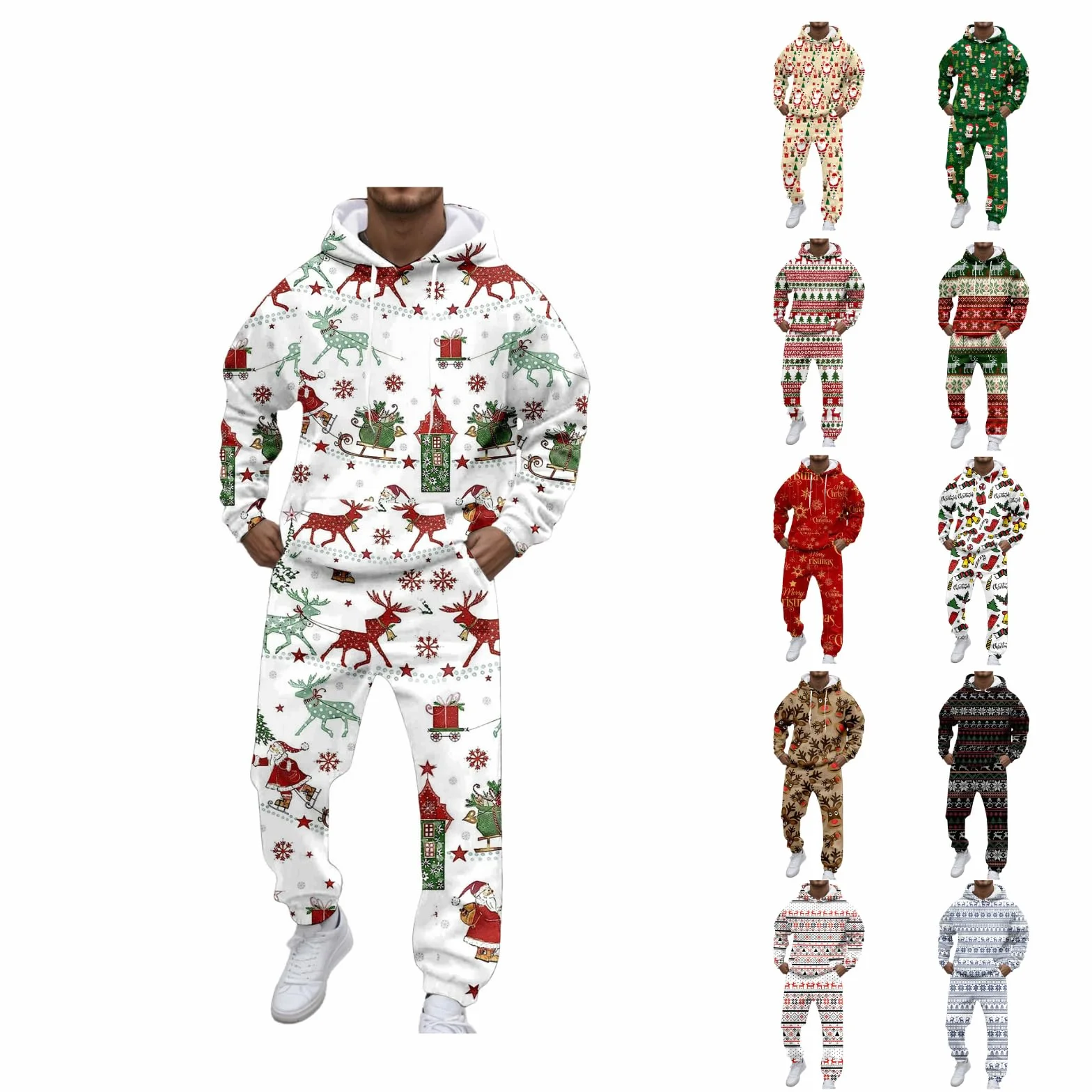 Chándal de Navidad para hombre, sudadera con capucha y pantalones 2 piezas, traje festivo