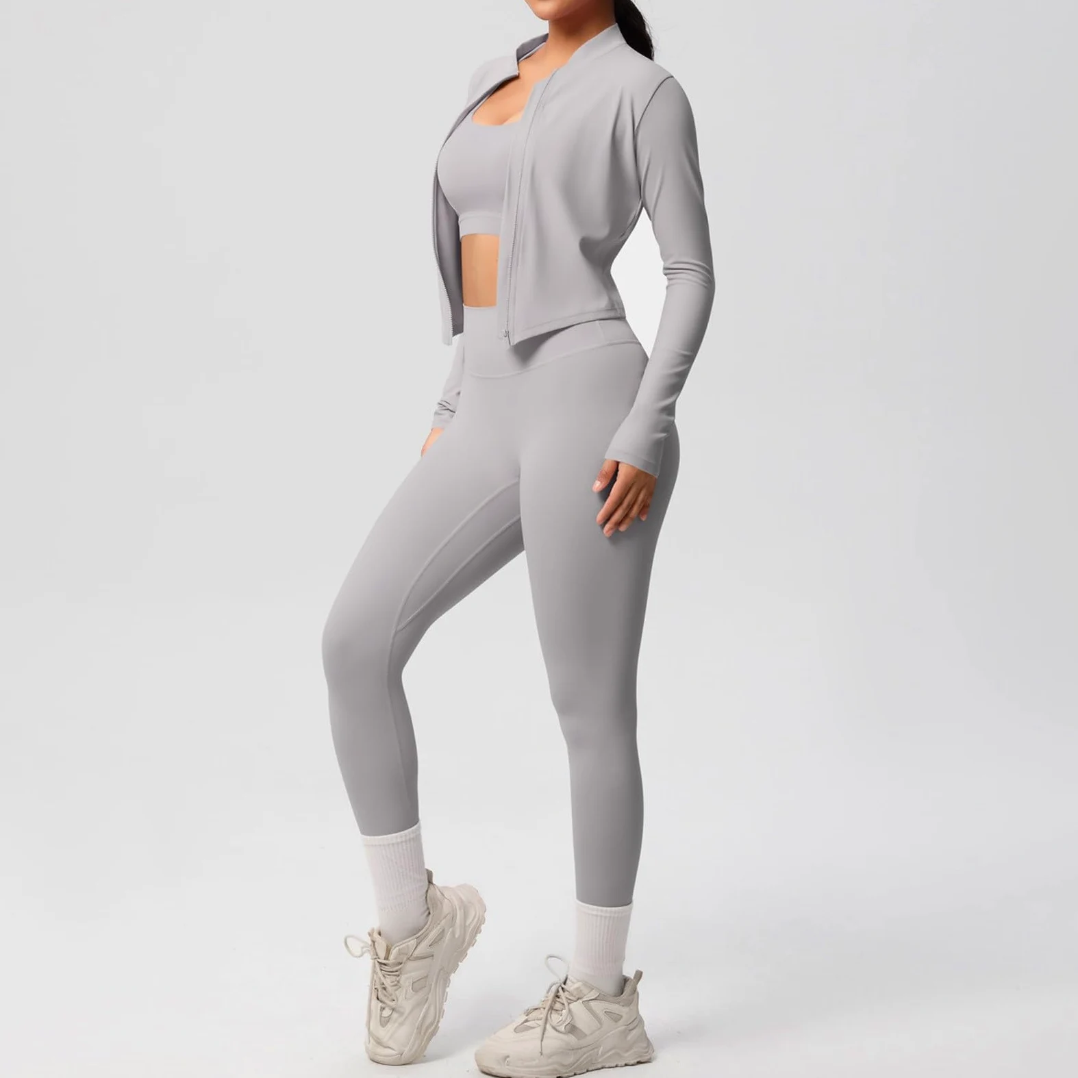 Traje de yoga para mujer de 3 piezas con chaqueta deportiva, chaqueta corta, leggings de manga corta, camiseta de tirantes, ropa deportiva, ropa deportiva a la moda, traje deportivo cómodo