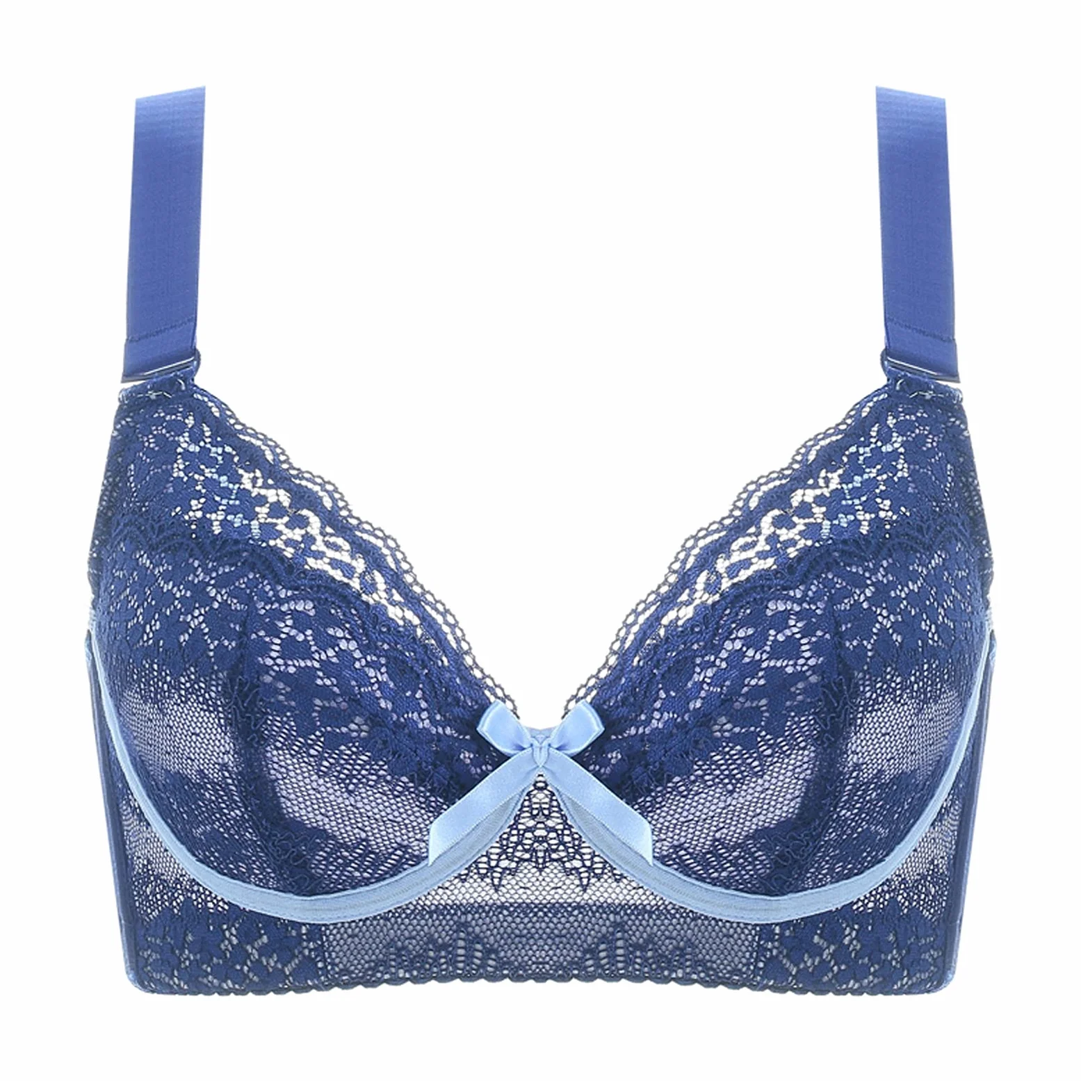 WENJUN Sujetadores push up para mujer de talla grande, sujetador de encaje ultrafino sexy con aros de encaje, cobertura completa clásica para todos los días (color: azul, tamaño: