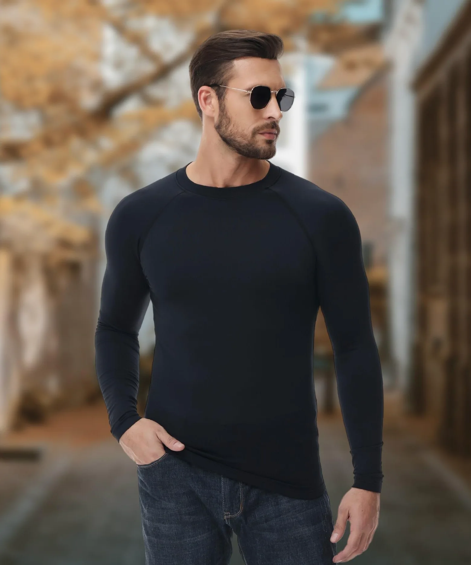 HUGE SPORTS - Camiseta térmica de invierno para hombre, primera capa, manga larga, de secado rápido, para running y ciclismo