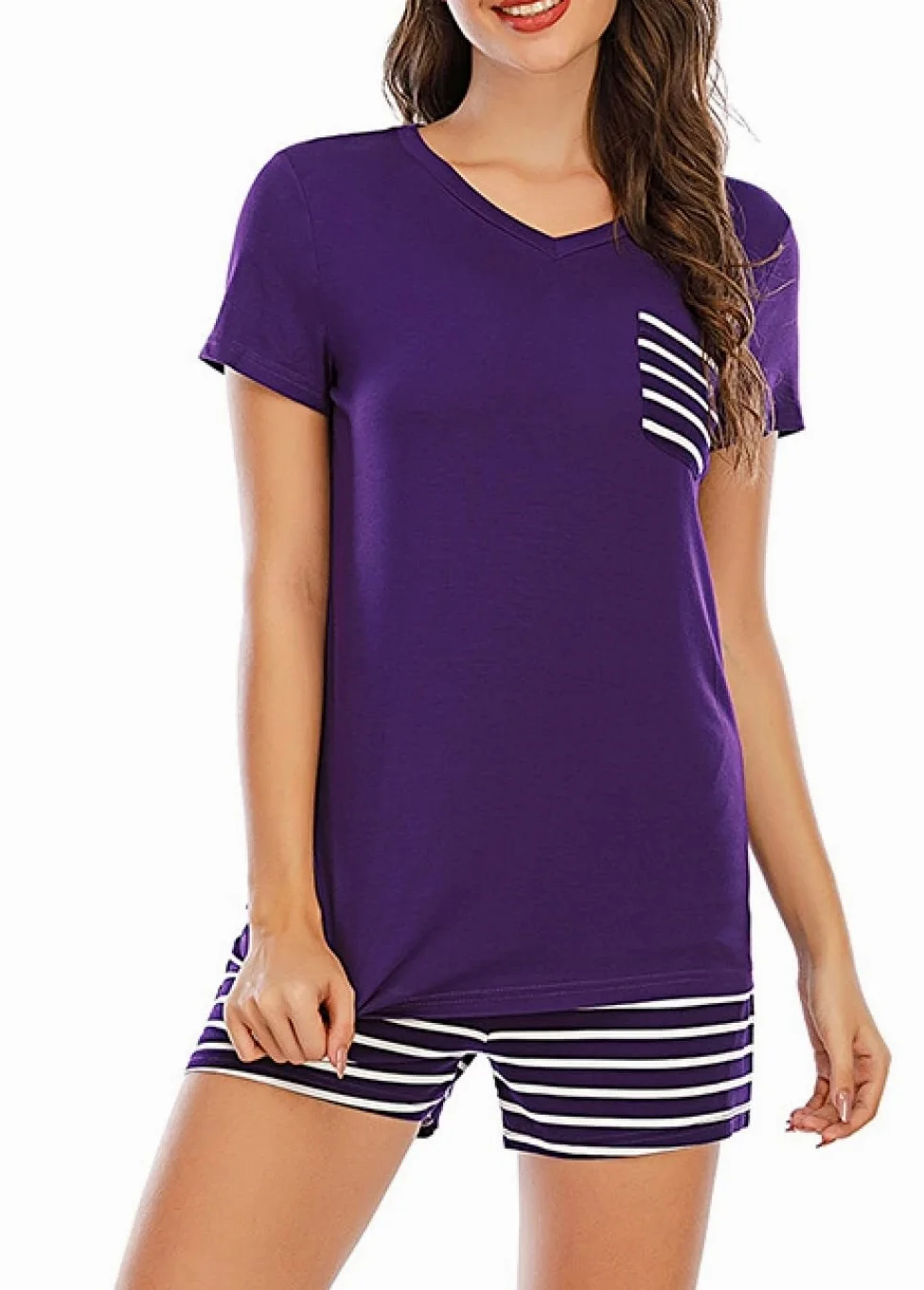 Pijama De Mujer Manga Corta,Pijama De Manga Corta con Cuello En V A Rayas Moradas para Mujer, Conjunto De 2 Piezas, Pijama Suave Y Cómodo para Mujer, Ropa De Salón, Regalo del Día De La Madre Par